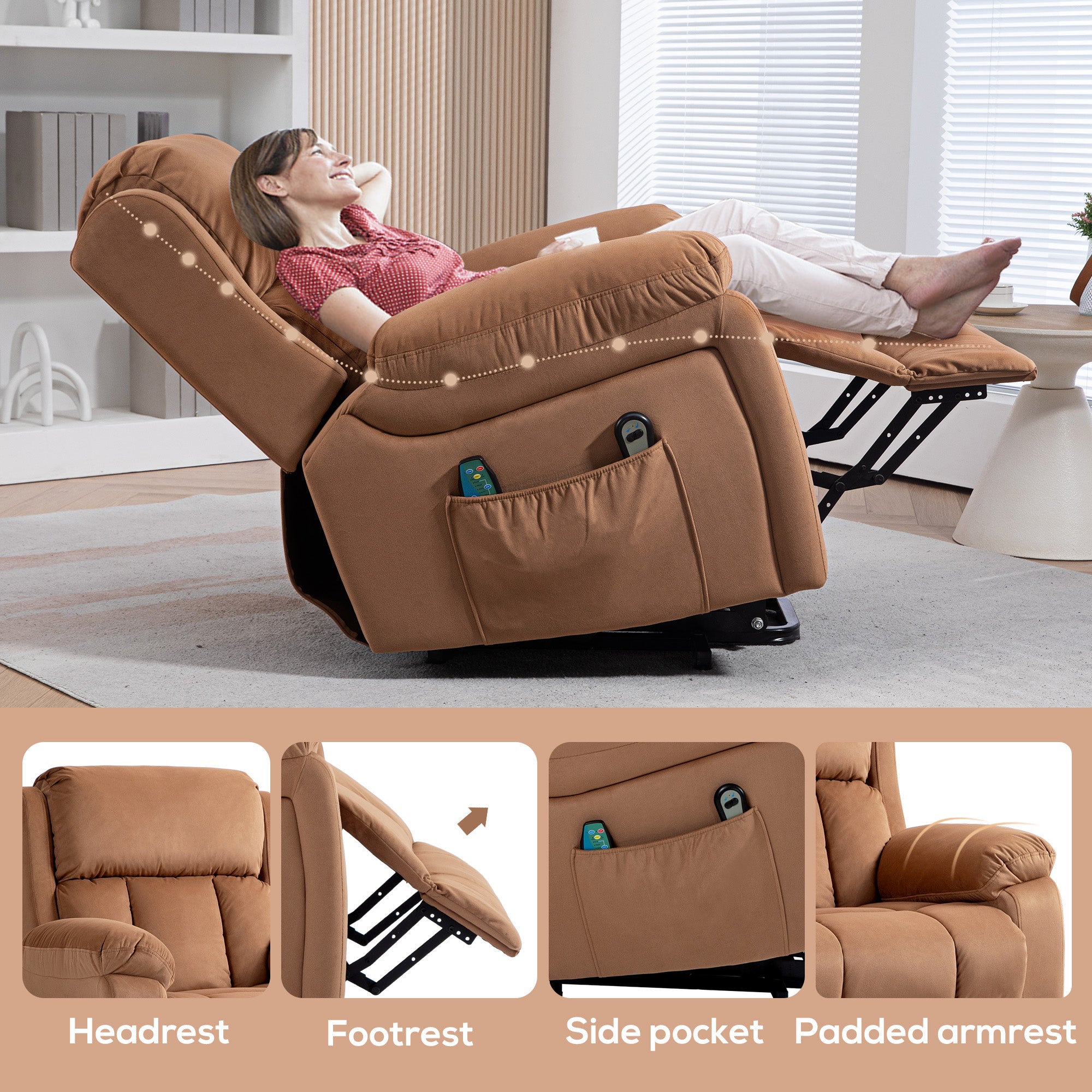 Eight Massage Point Electric Reclining Lift Chair, with Remote - Brown