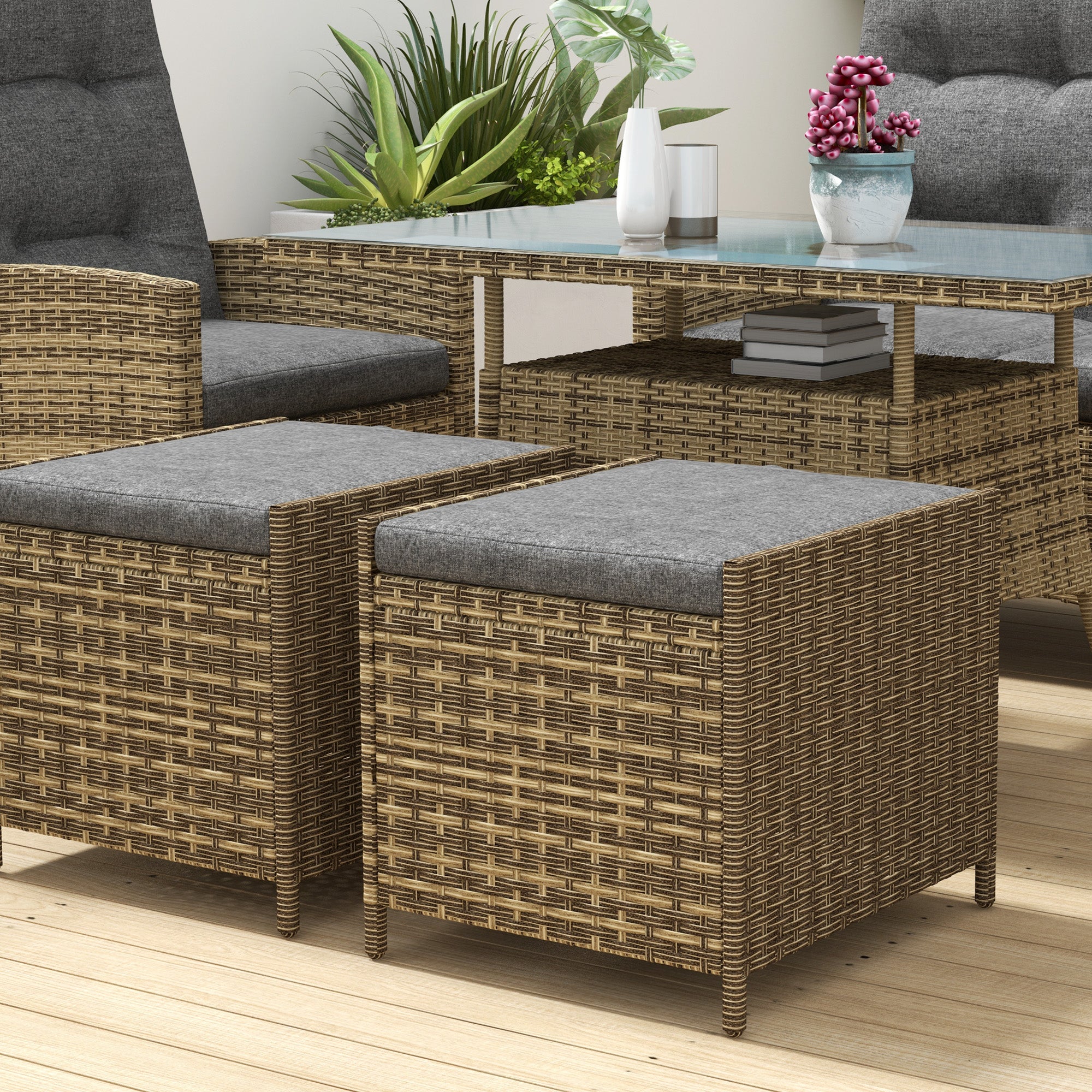 Six-Piece Rattan Garden Set, with Reclining Chairs - Grey