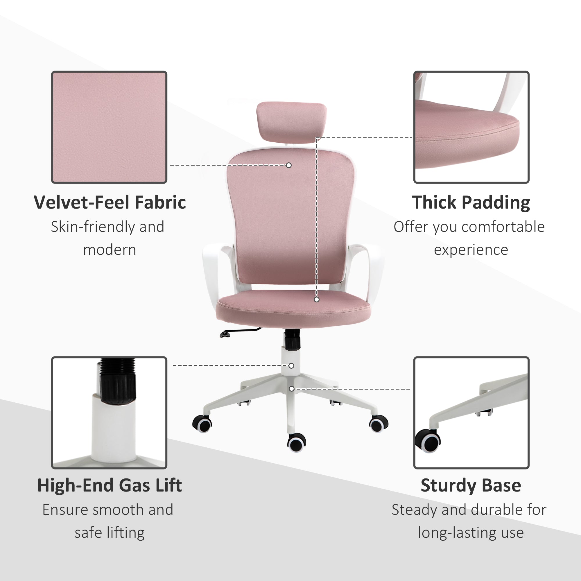 Office Chair, Ergonomic Desk Chair, High Back Velvet Fabric Computer Chair with Adjustable & Liftable Headrest for Home, Pink