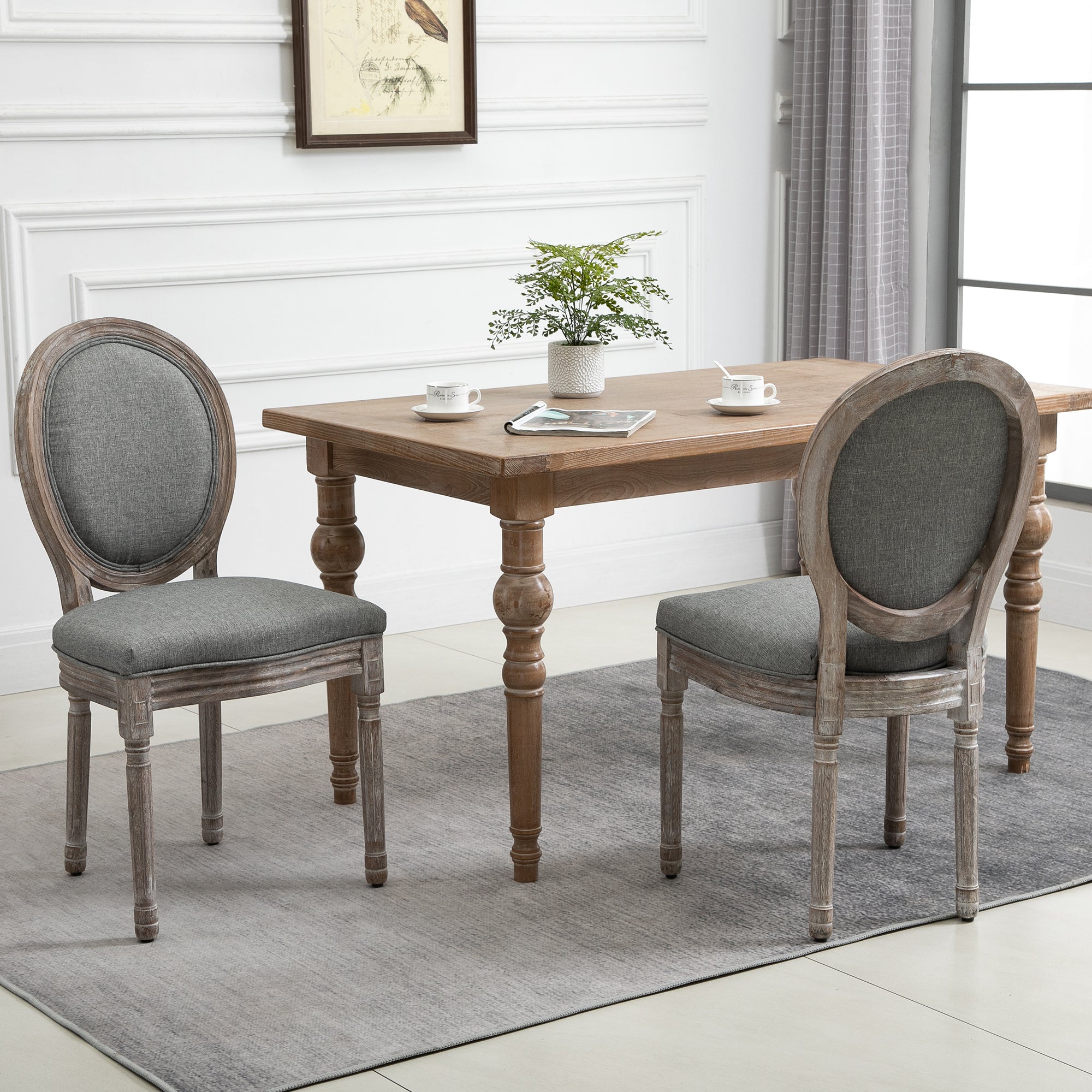 Dining Chairs Set of 2, French-Style Upholstered Kitchen Chairs with Padded Seats, Wood Frame and Round Back, Grey