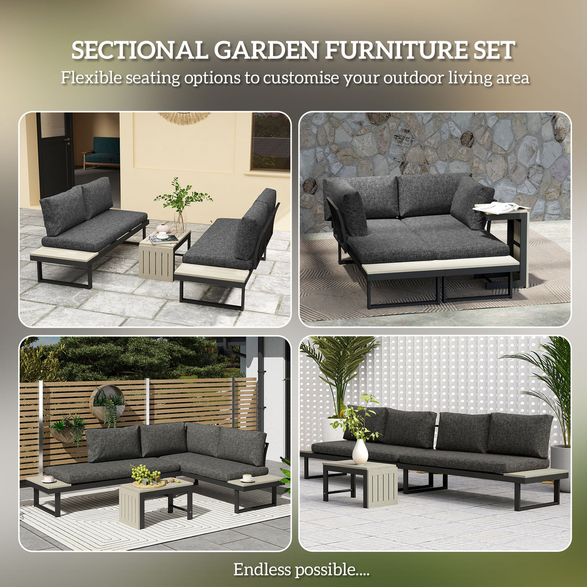 4 Seater L Shaped Aluminium Sectional Garden Furniture Set with 2 Loveseats & Wood-Plastic Coffee Table - Dark Grey