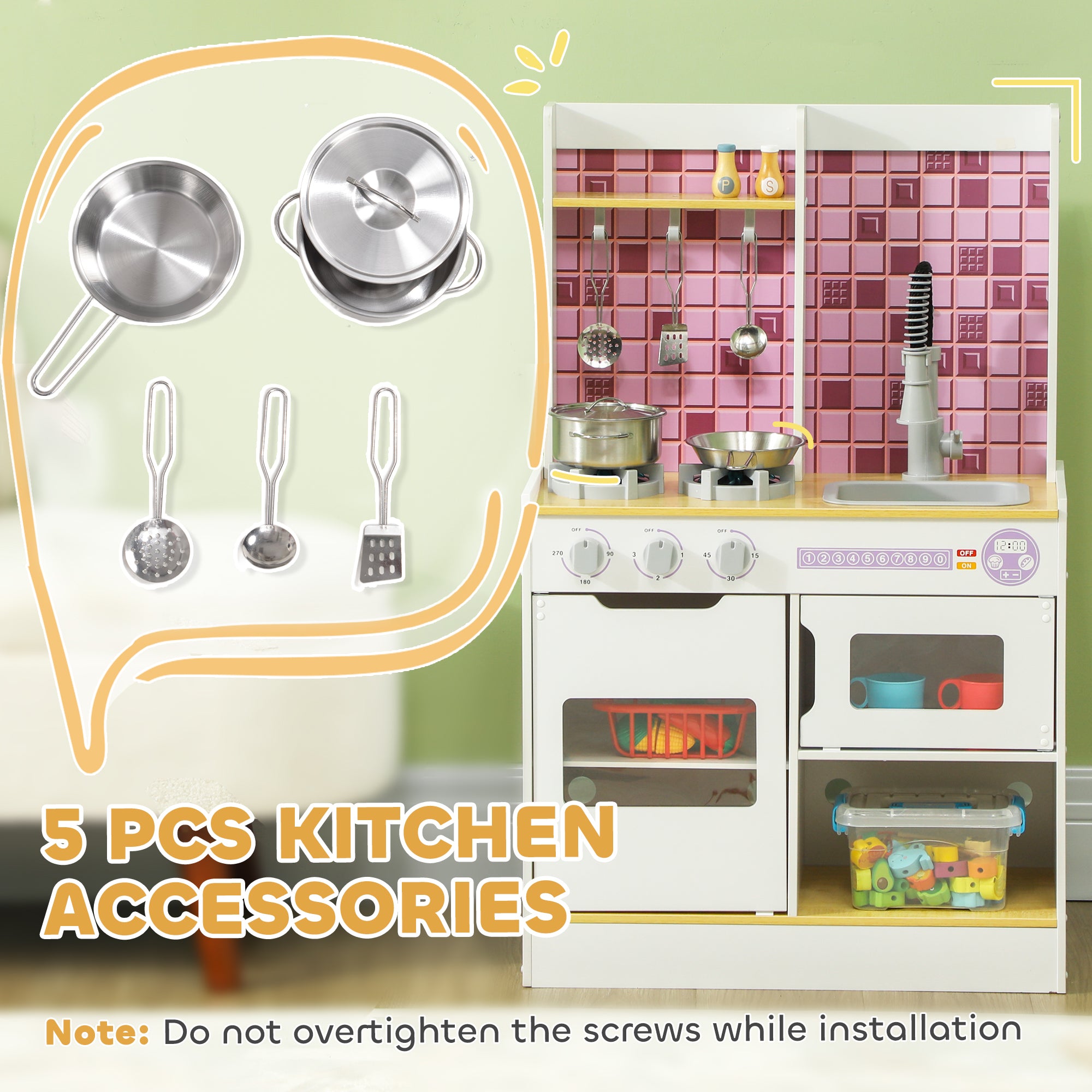 Kids Play Kitchen, Pretend Play Kitchen with Realistic Oven, Stove, Sink, Kitchen Accessories, White