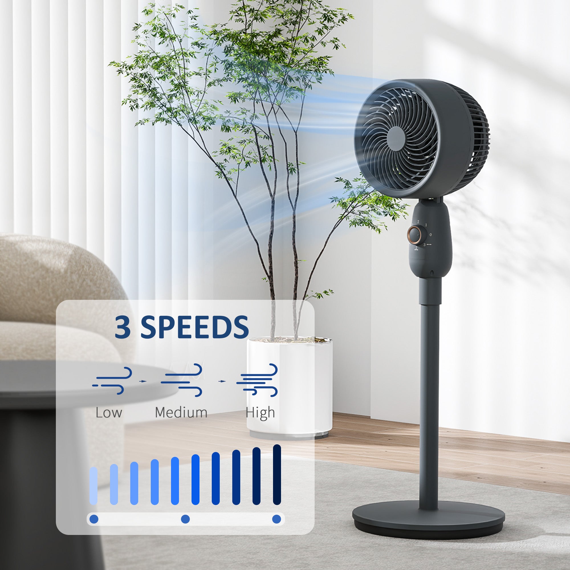 Pedestal Fan, Powerful Air Circulator, 12 Inch Floor Standing Fan with 3 Speed Settings, Oscillating Function for Bedroom, Home and Office, Grey