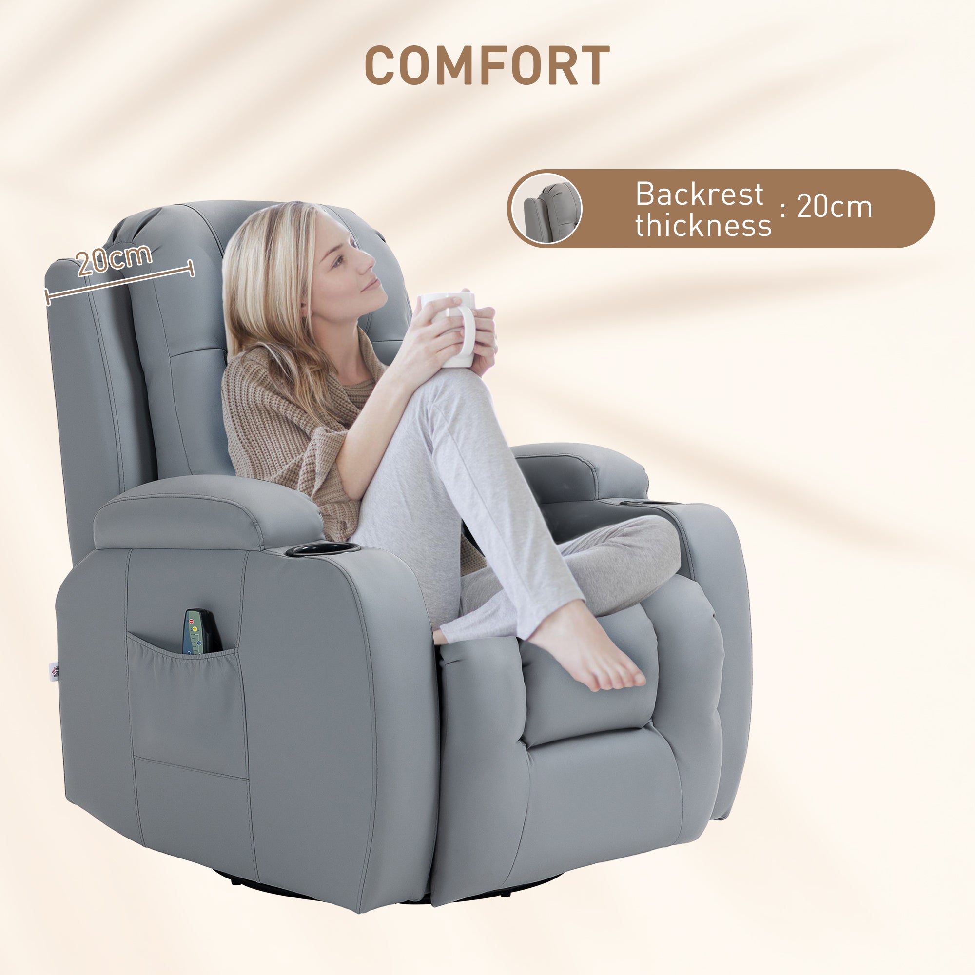 Massage Recliner Chair with 8 Vibration & Heat, PU Leather Recliner Armchair with Cup Holders and Side Pockets, Manual Reclining Chair with Remote, 360° Swivel, Rocking, Light Grey