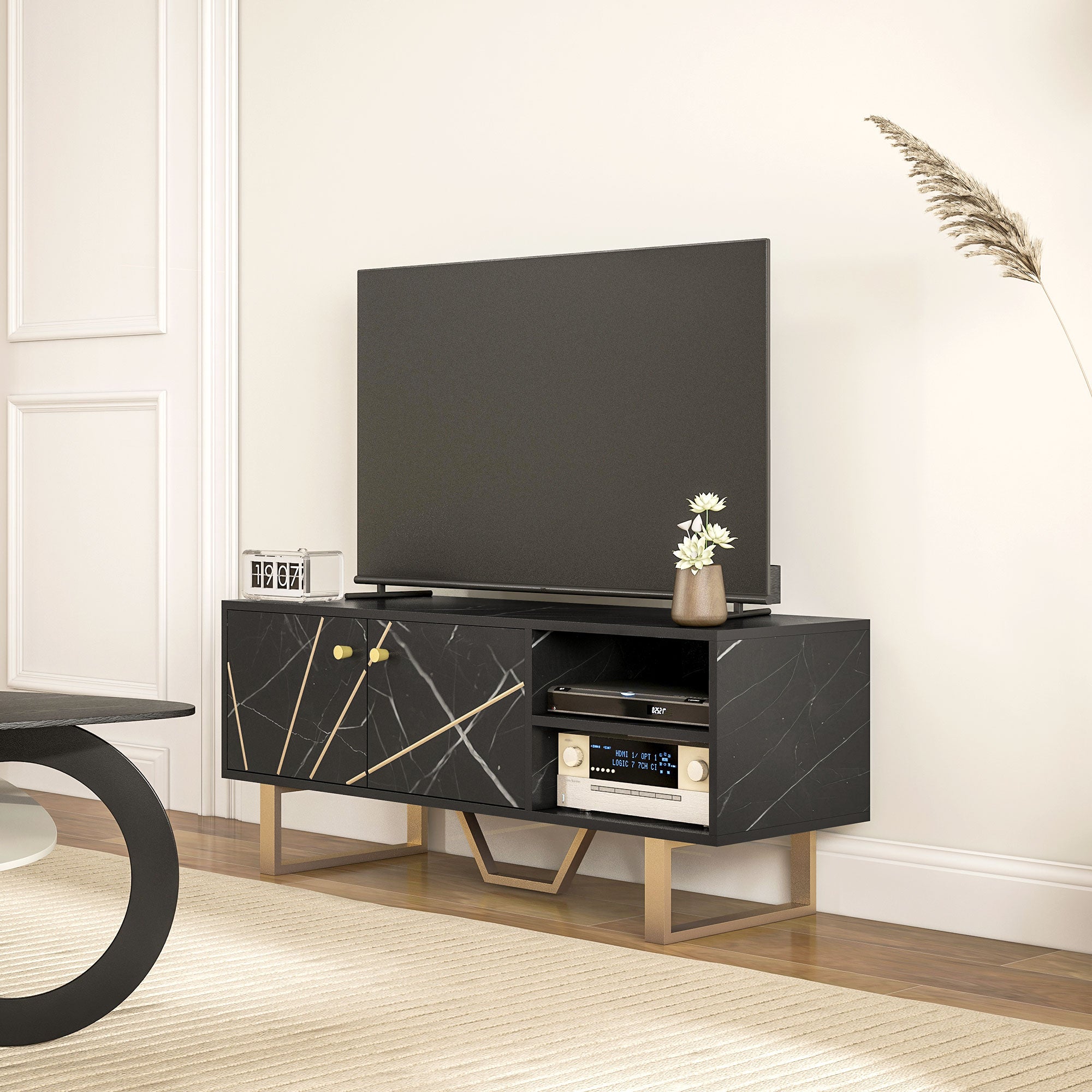 TV Stand Cabinet for TVs up to 50 Inches with Storage Shelves and Cupboard - Black Marble Tone