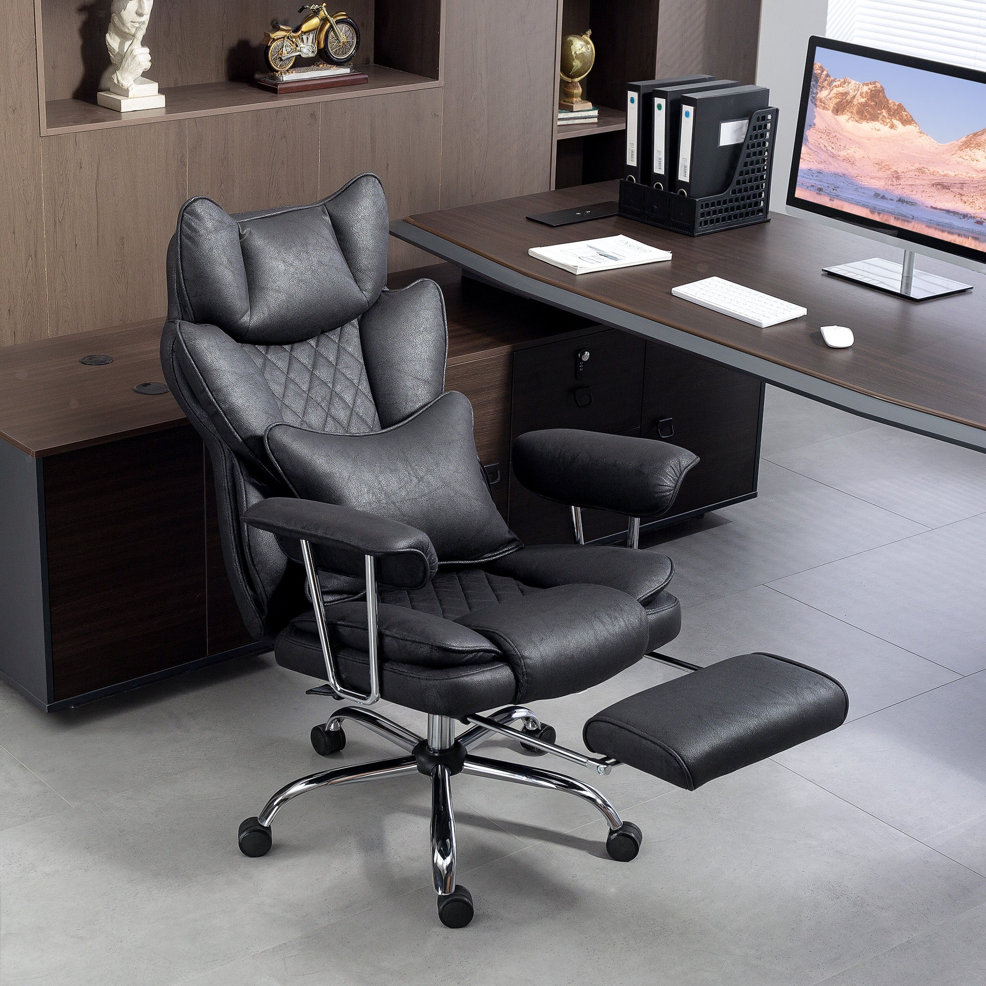 Leathaire Reclining Office Chair with Lumbar Support Pillow - Black