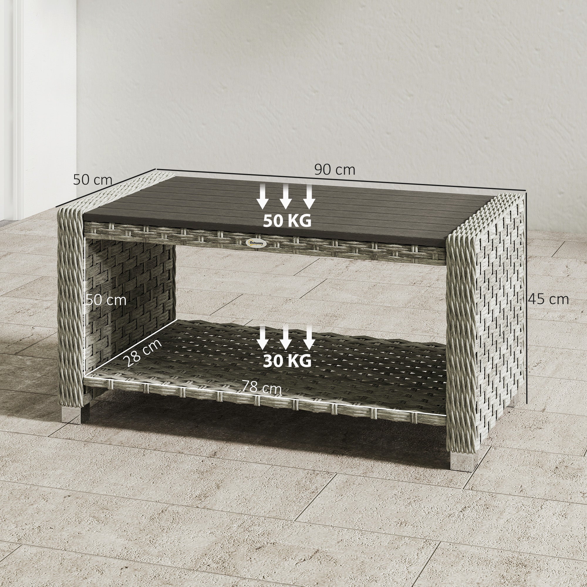 Outdoor Coffee Table with Storage Shelf, PE Rattan Side Table with Slatted Top and Foot Pads, Grey