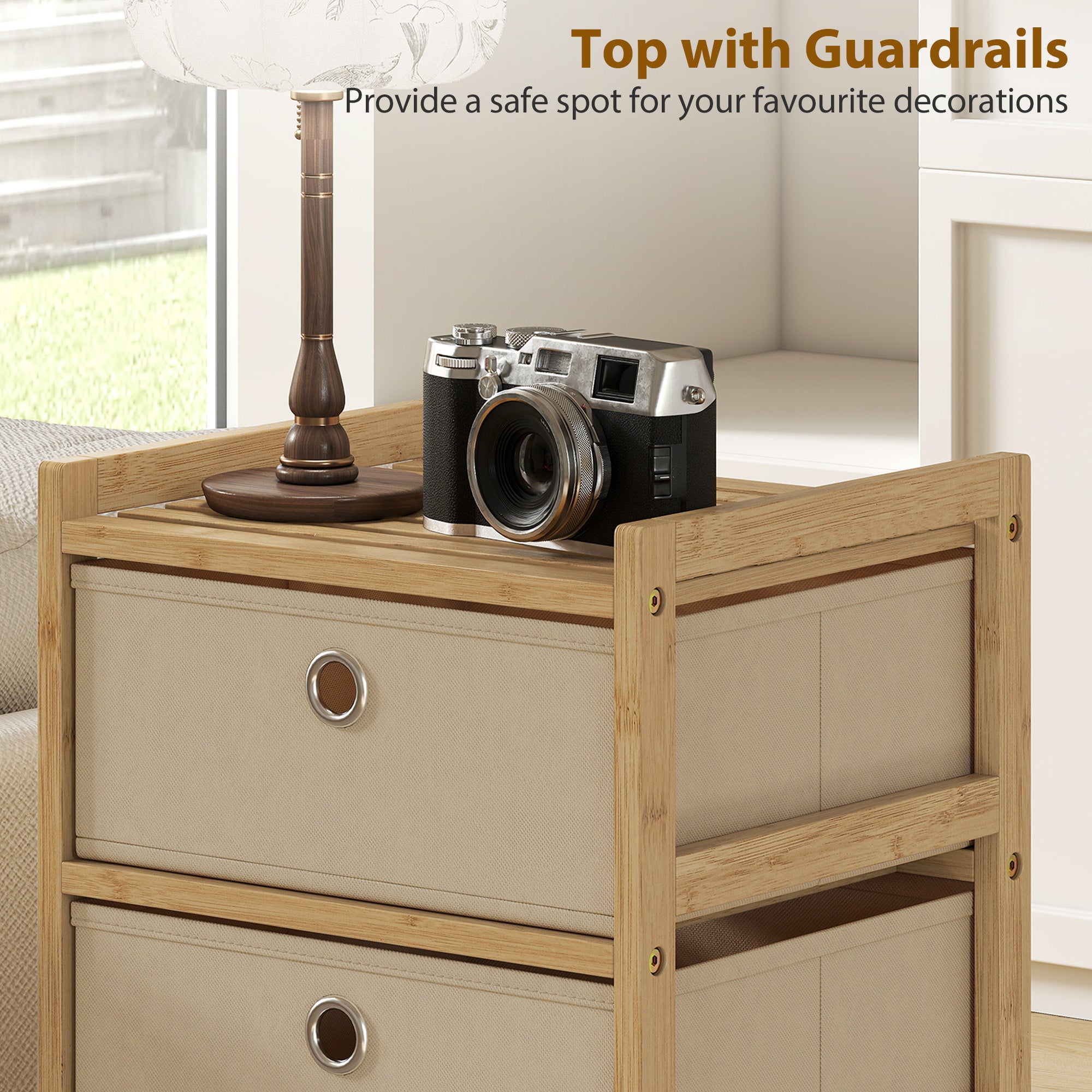 Chest of Drawers, 5 Fabric Drawers Narrow Dresser with Bamboo Frame, Cream White