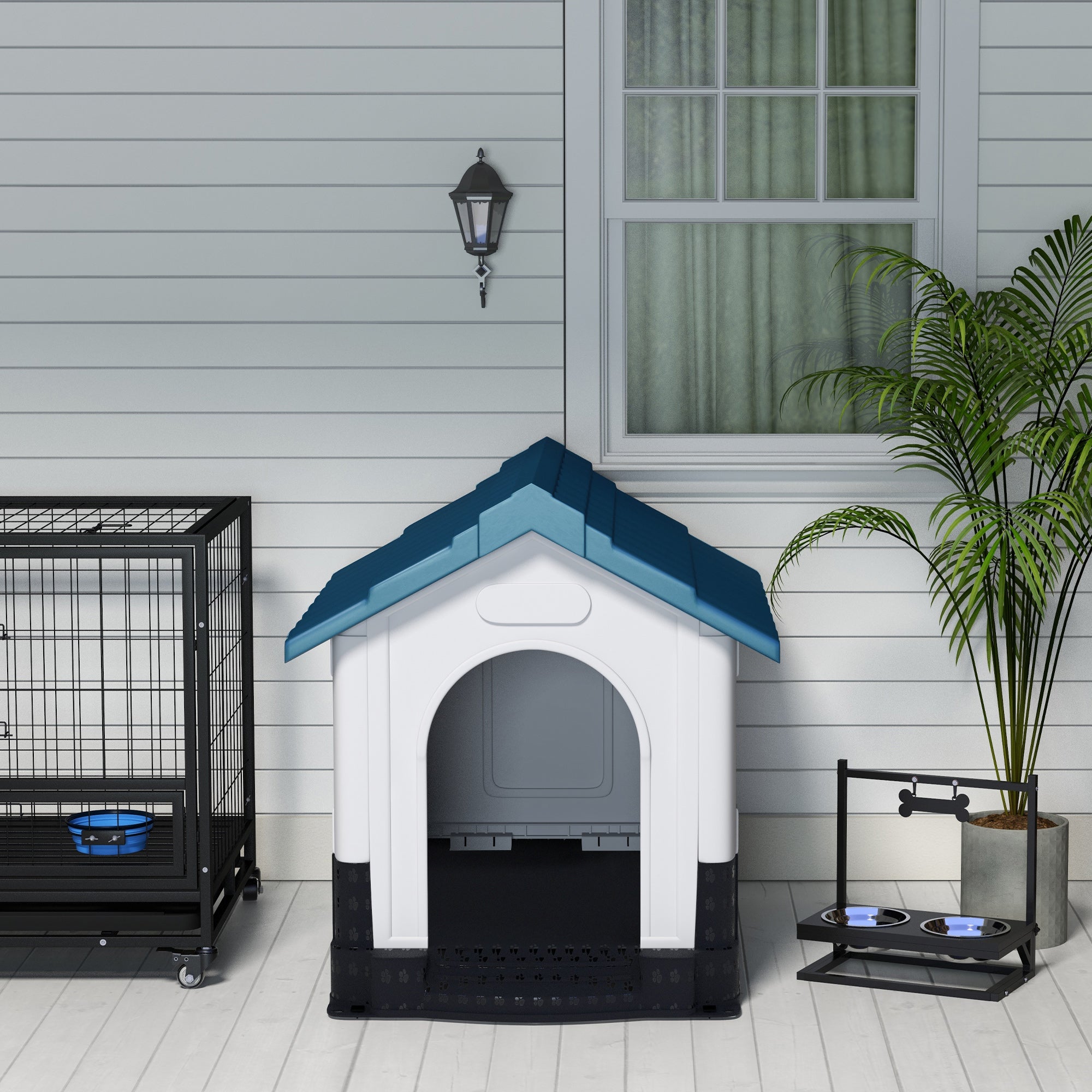 Plastic Dog Kennel with Windows, for Garden Patio, Medium and Large Dogs, 101 x 88 x 99cm - Blue