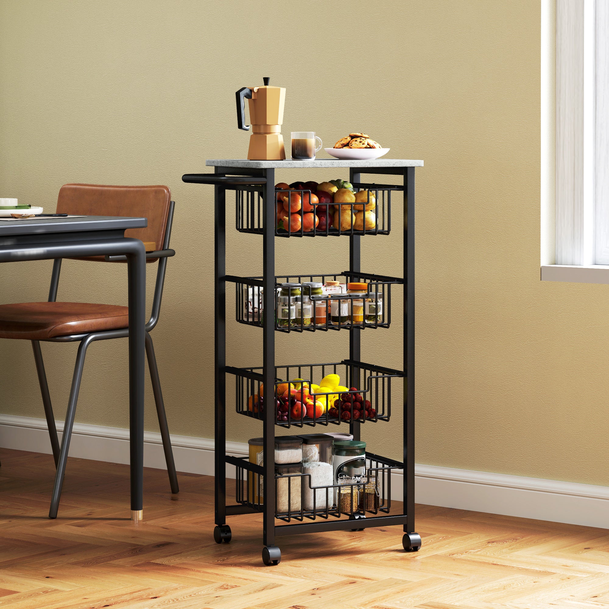Four Basket Mobile Kitchen Island, with Brakes - Grey/Black