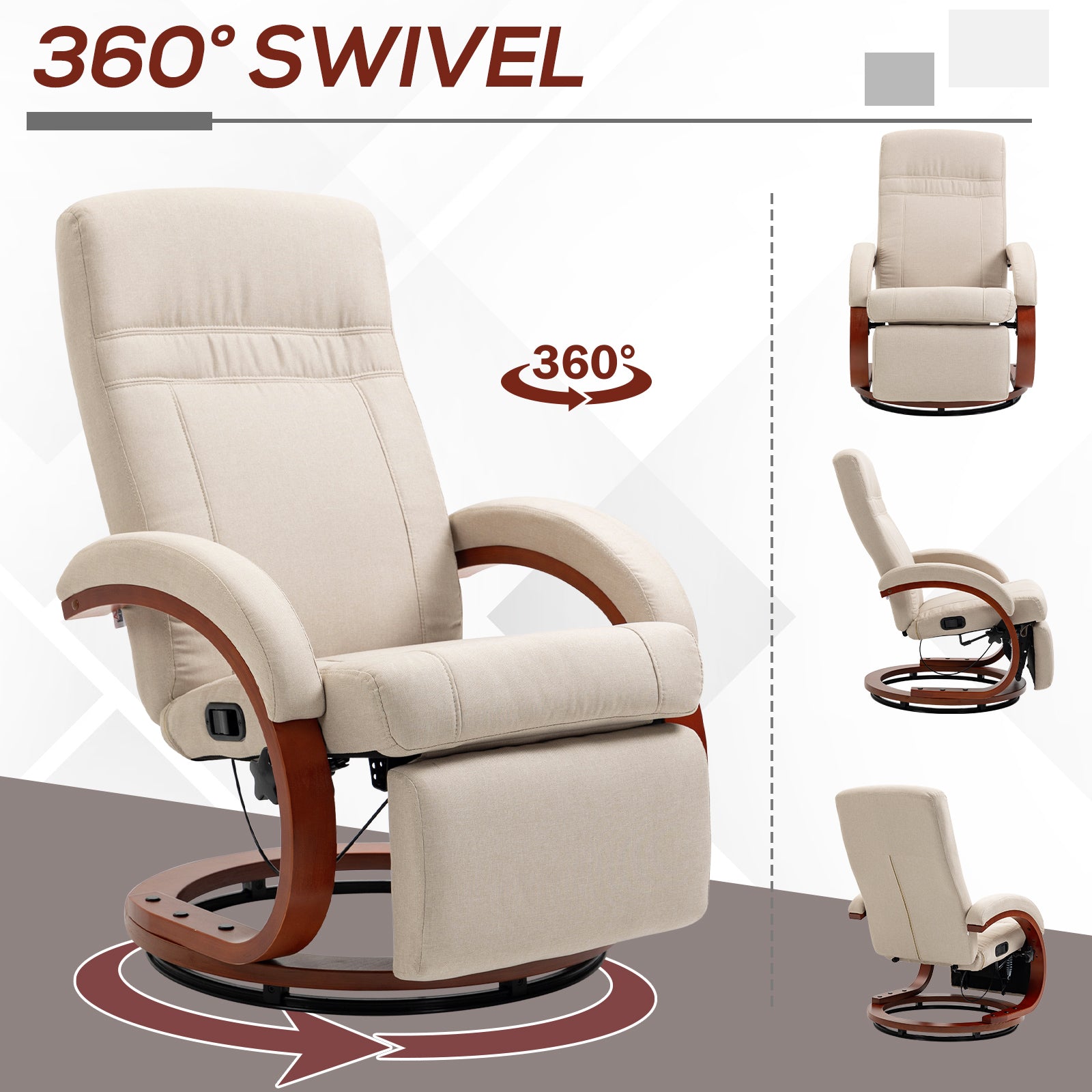 135° Manual Reclining Swivel Chair, with Footrest - Beige