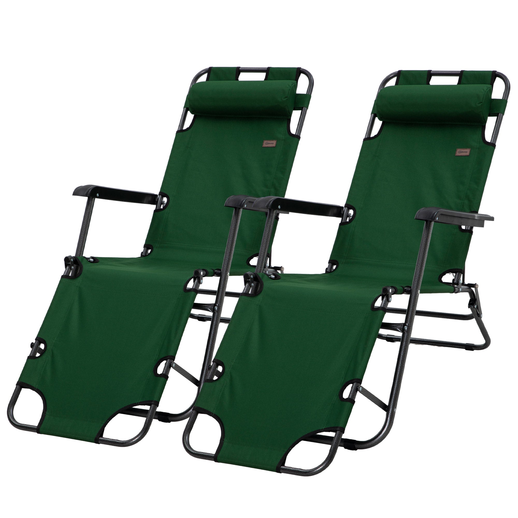 2 Pack 2 in 1 Sun Lounger Folding Reclining Chairs Garden Outdoor Camping Adjustable Back with Pillow, Green