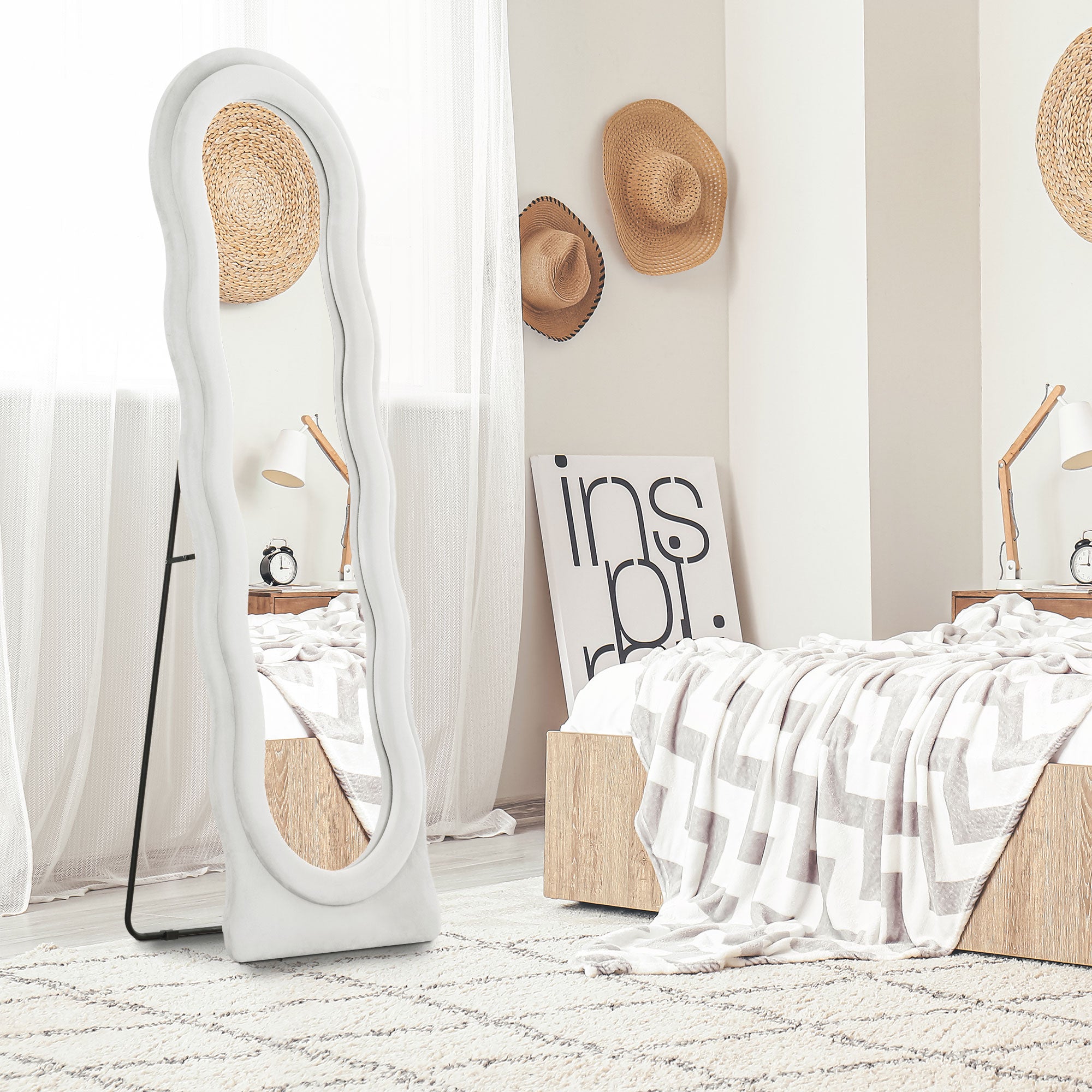 Wavy Velvet-Feel Full Length Mirror - White