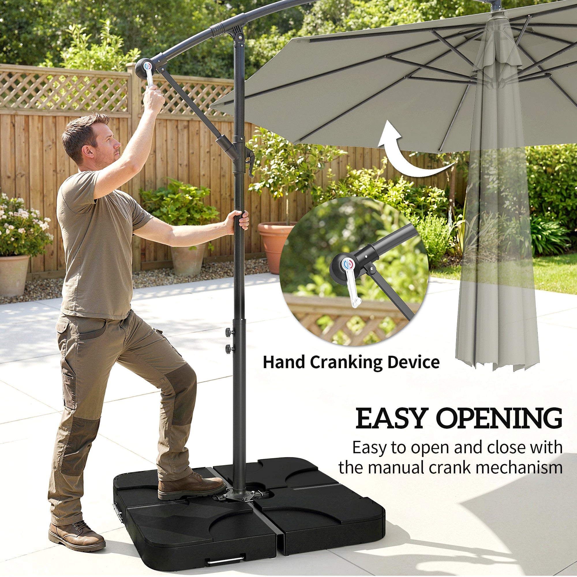 3m Overhanging Parasol, with Base, Weights and Cover - Light Grey