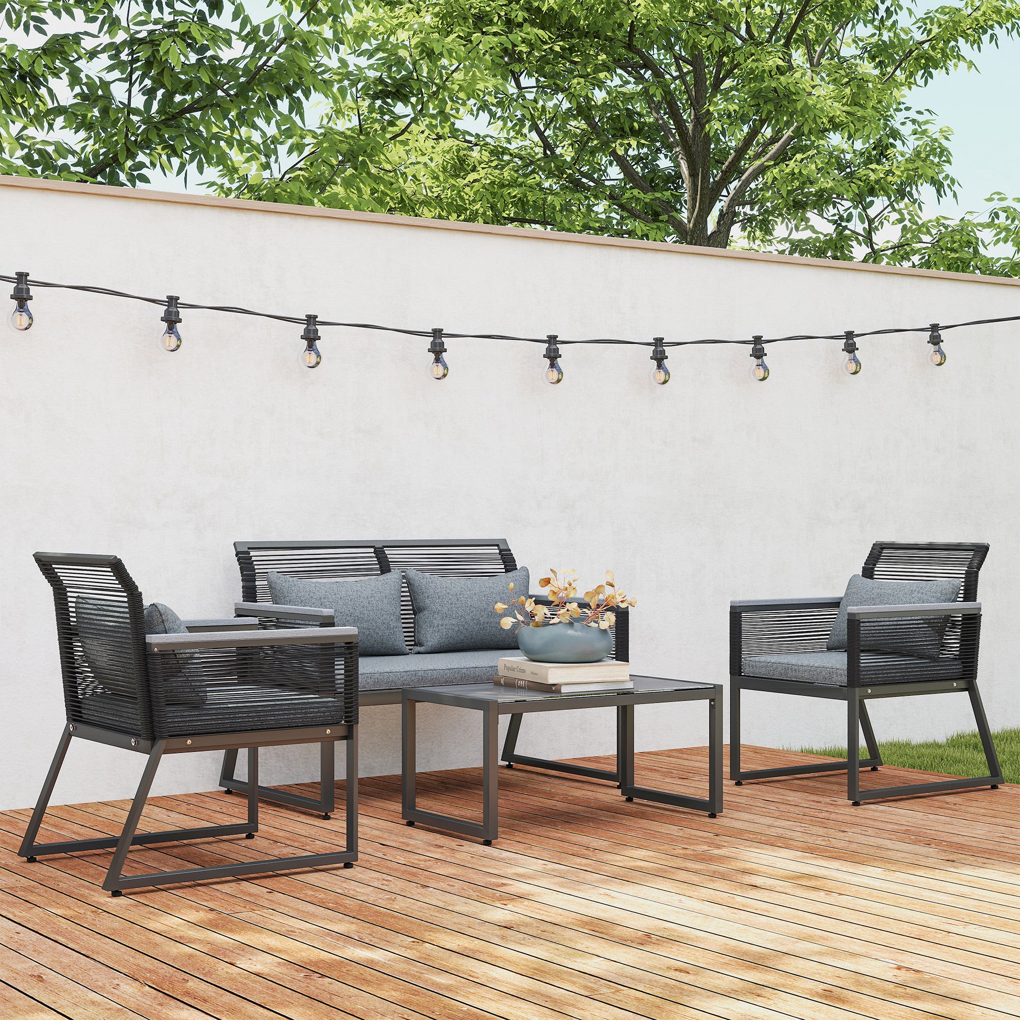 4 Piece PE Rattan Garden Furniture Set with Metal Frame - Charcoal Grey