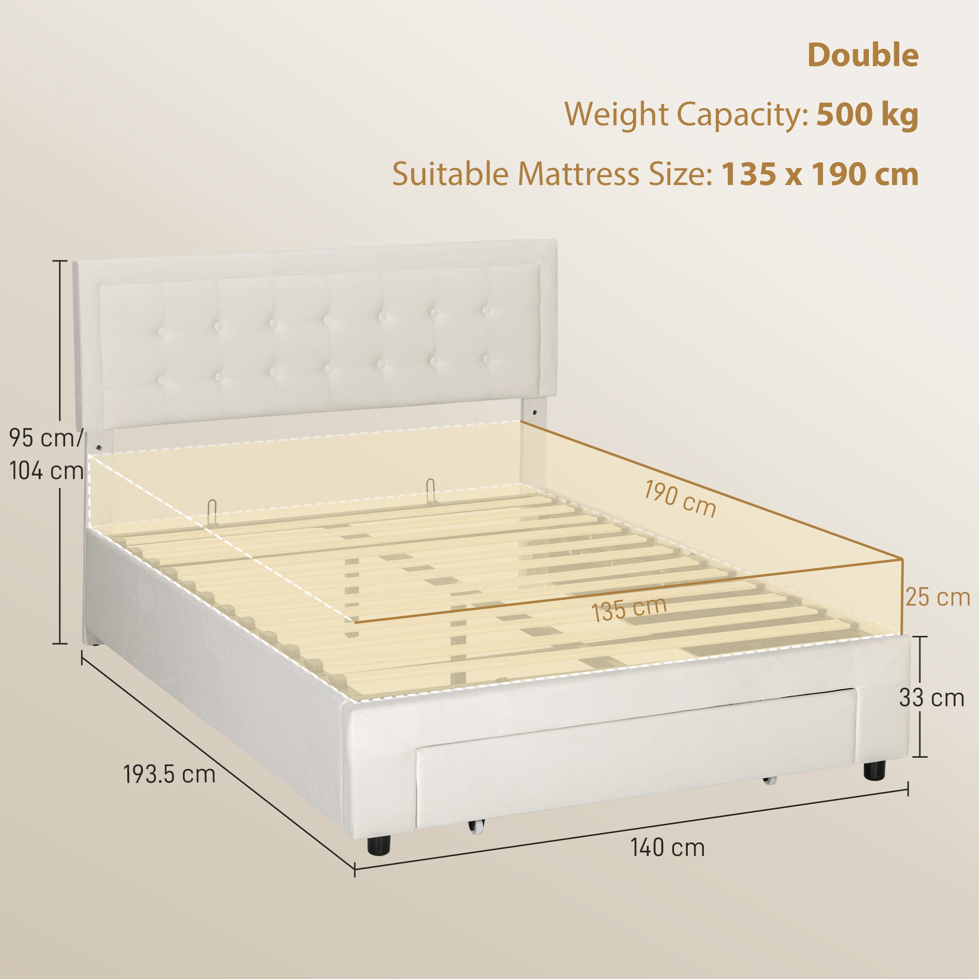 Double Ottoman Bed Frame, with Front Drawer - Cream