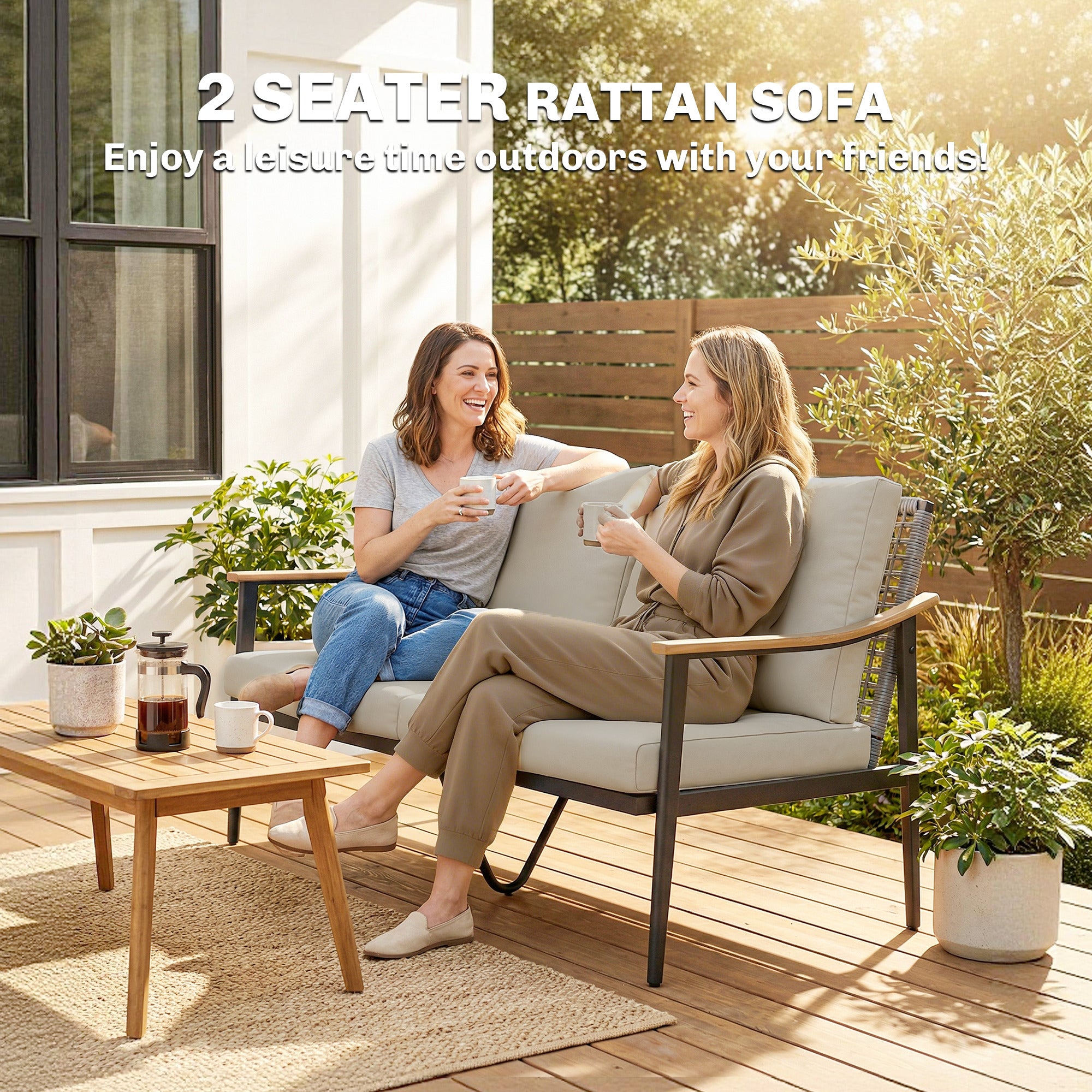 2 Seater Rattan Sofa, Outdoor Garden Sofa with Wood-Effect Armrests, Cushions for Patio, Balcony, Khaki
