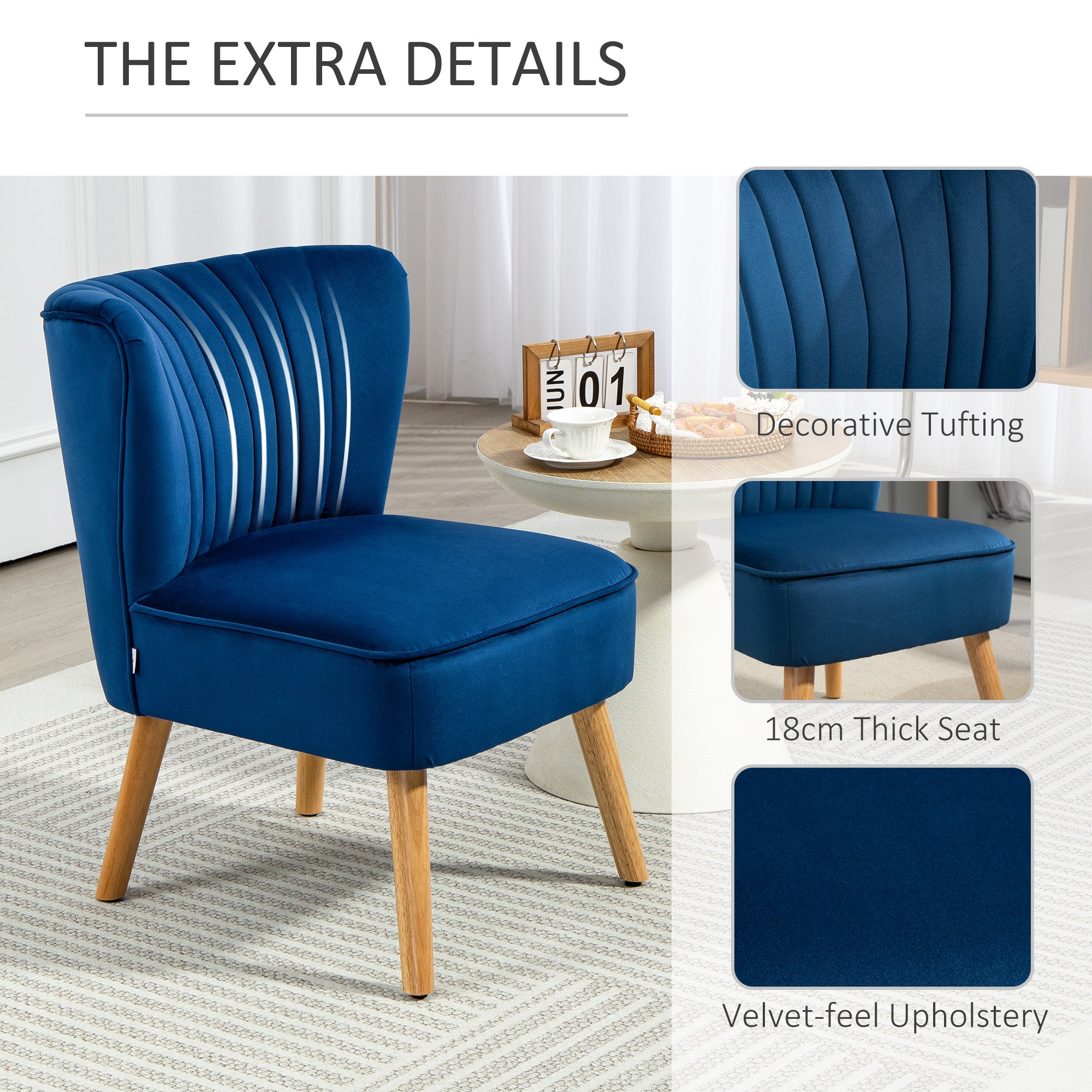 Modern Accent Chair, Fabric Living Room Chair with Rubber Wood Legs and Thick Padding, Dark Blue