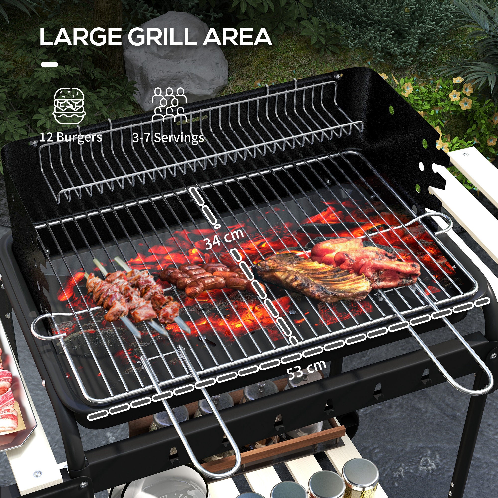 Charcoal Barbecue Grill with Adjustable Height & Ash Catcher Portable BBQ Trolley - Black
