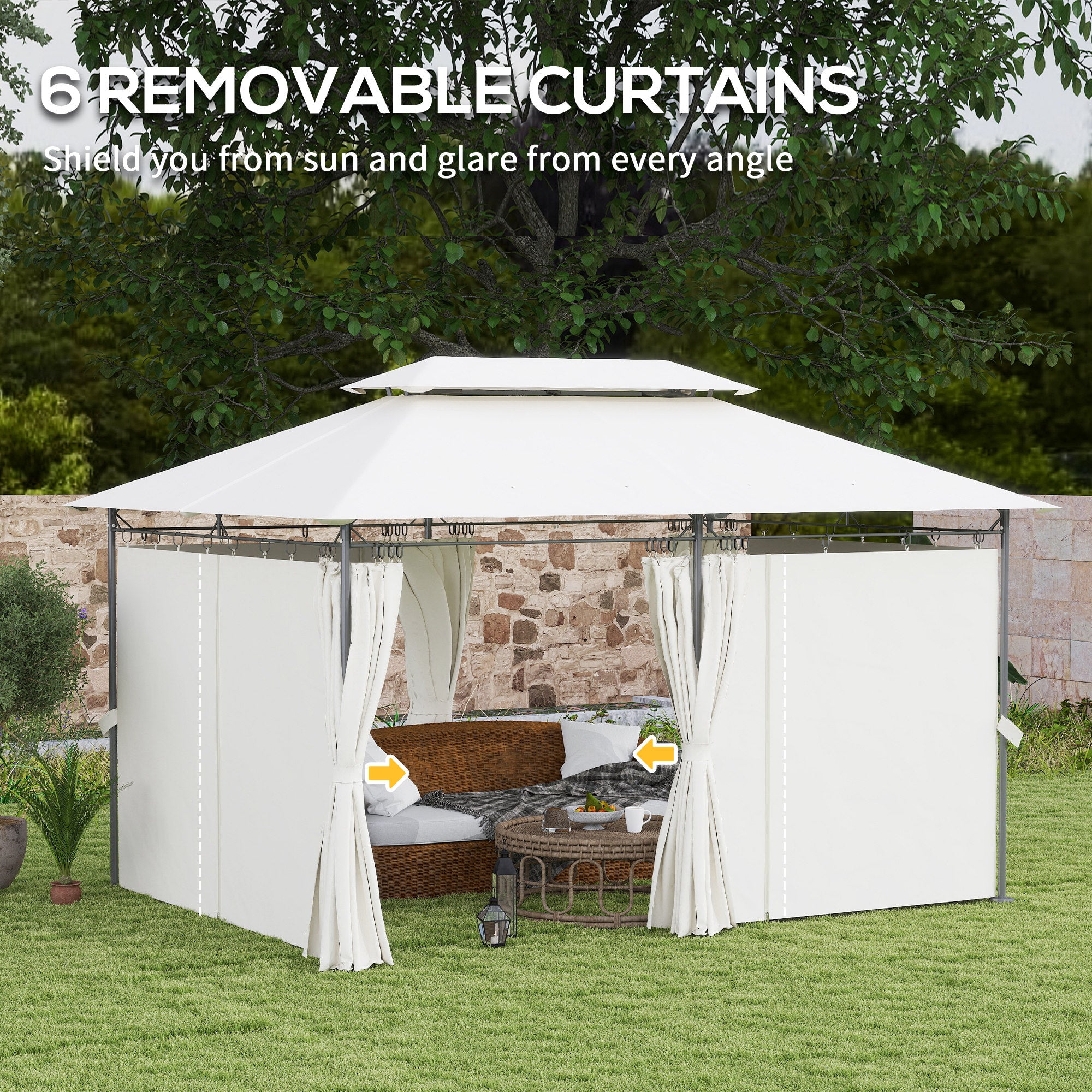 3 x 4m Metal Frame Gazebo with Two-Tier Roof and Removable Curtains - Cream White