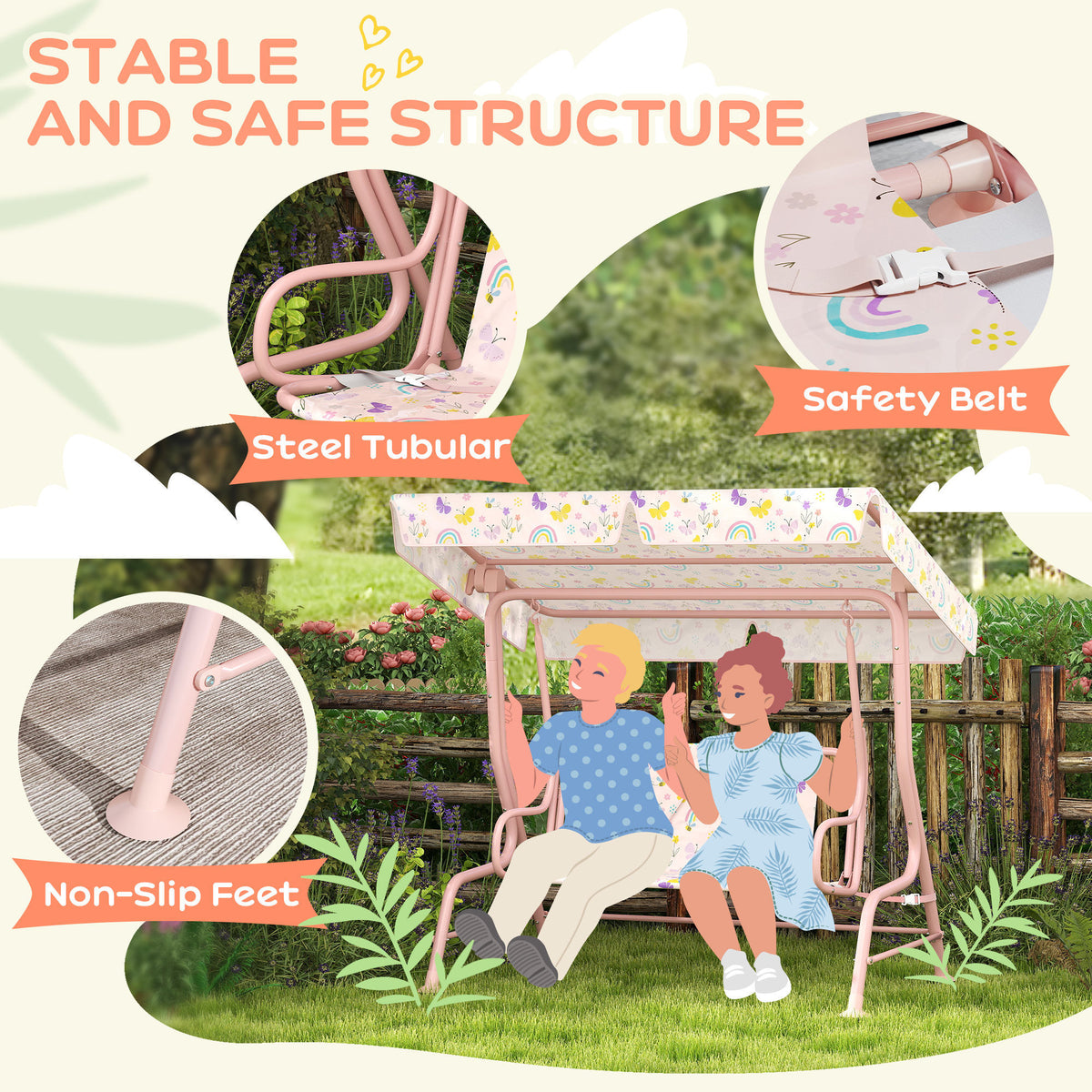 Kids 2-Seater Garden Swing Chair with Adjustable Canopy and Safety Belt - Pink