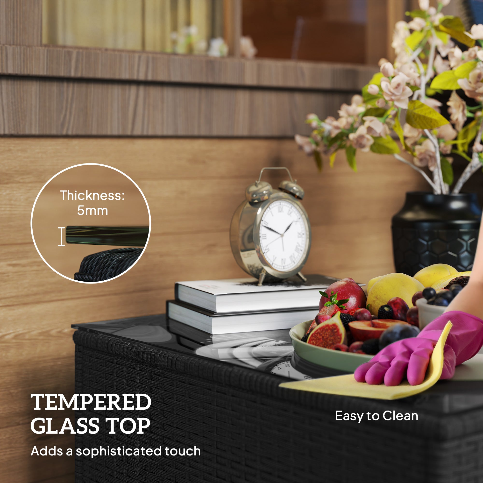 62cm Glass Top Rattan Side Table with Tempered Glass - Black