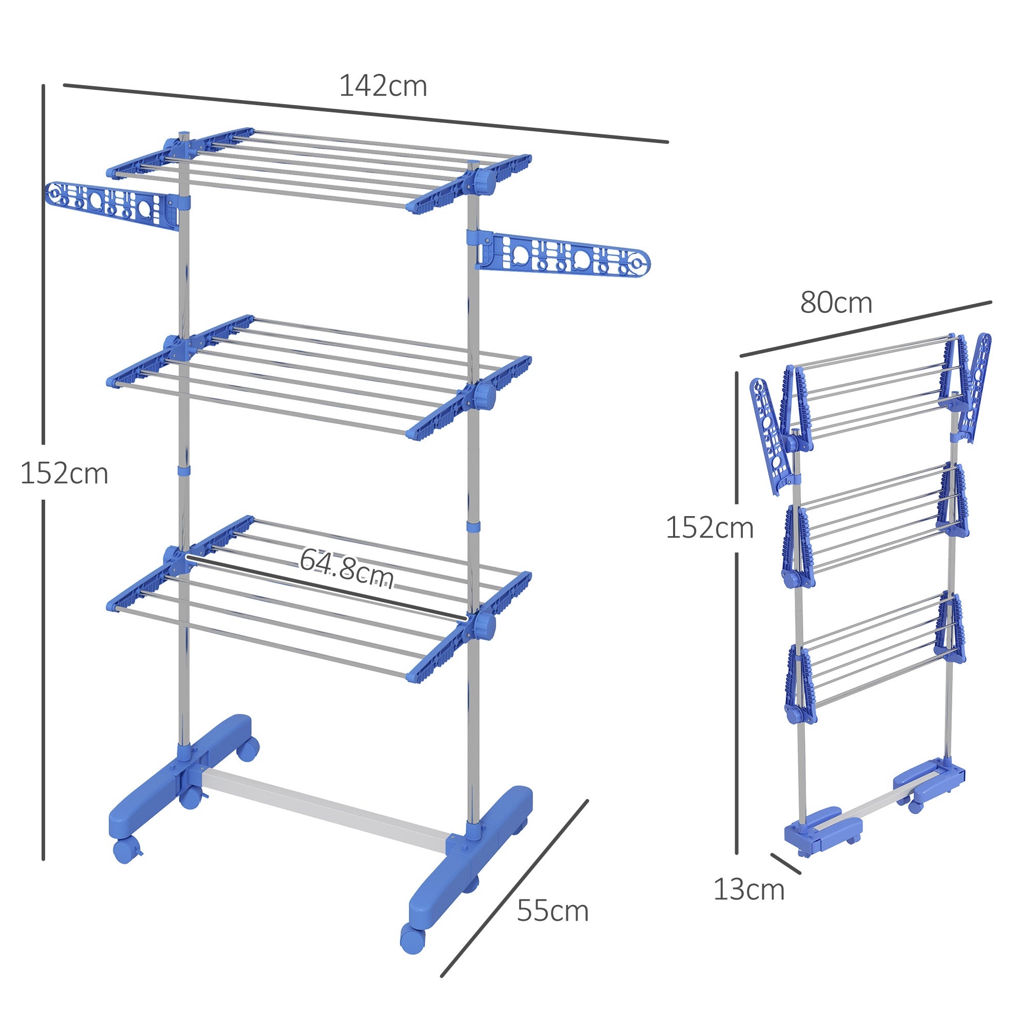 Three-Shelf Collapsing Clothes Horse, With Side Arms and Wheels - Blue