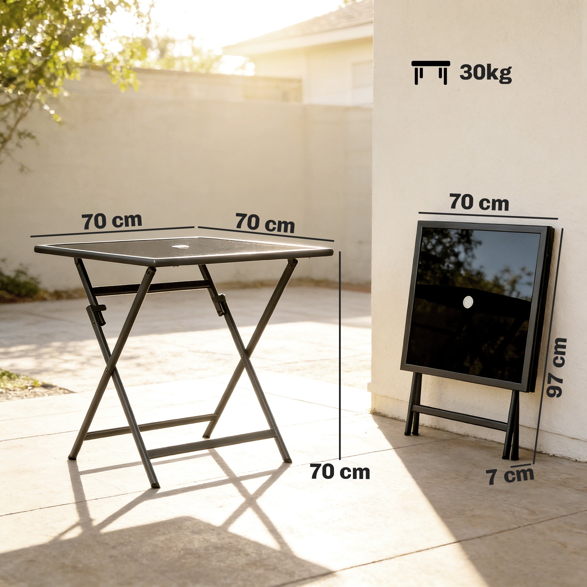 Folding Outdoor Dining Table, Square Garden Table Tempered Glass Top with Parasol Hole Garden Patio, 70 x 70 x 70 cm