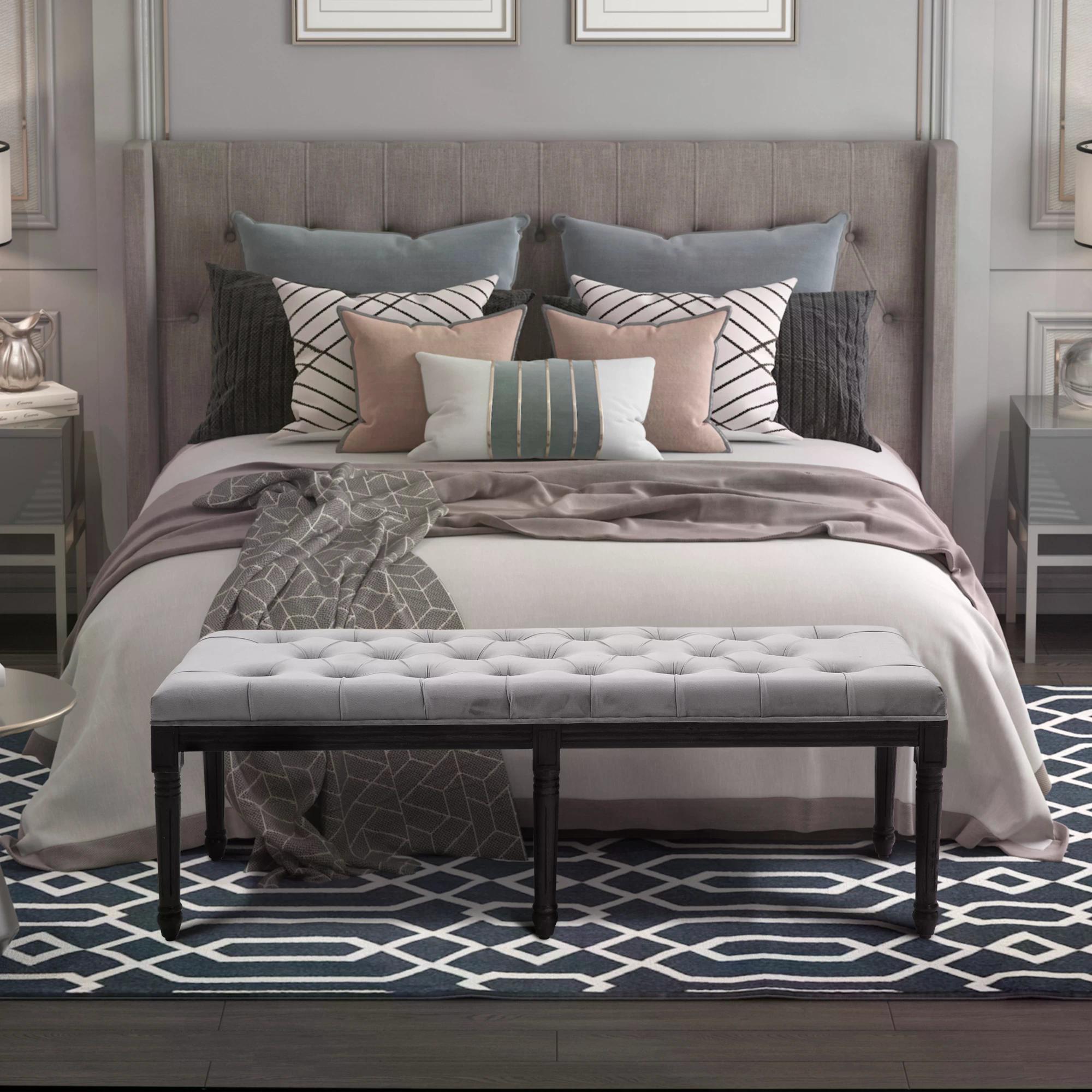 Fabric Bed End Bench Side Chaise Lounge Sofa Velvet Upholstered Tufted Accent Window Seat for Bedroom, Living Room, Hallway, Grey