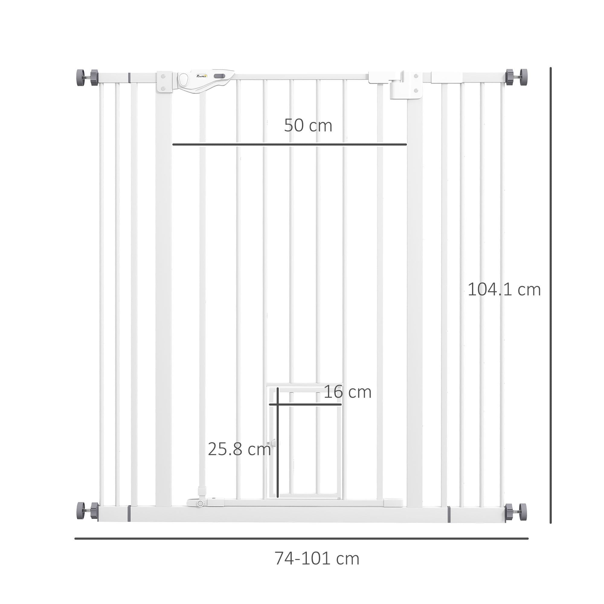 Extra Tall Pet Gate, Indoor Dog Safety Gate, with Cat Flap, Auto Close, 74-101cm Wide - White