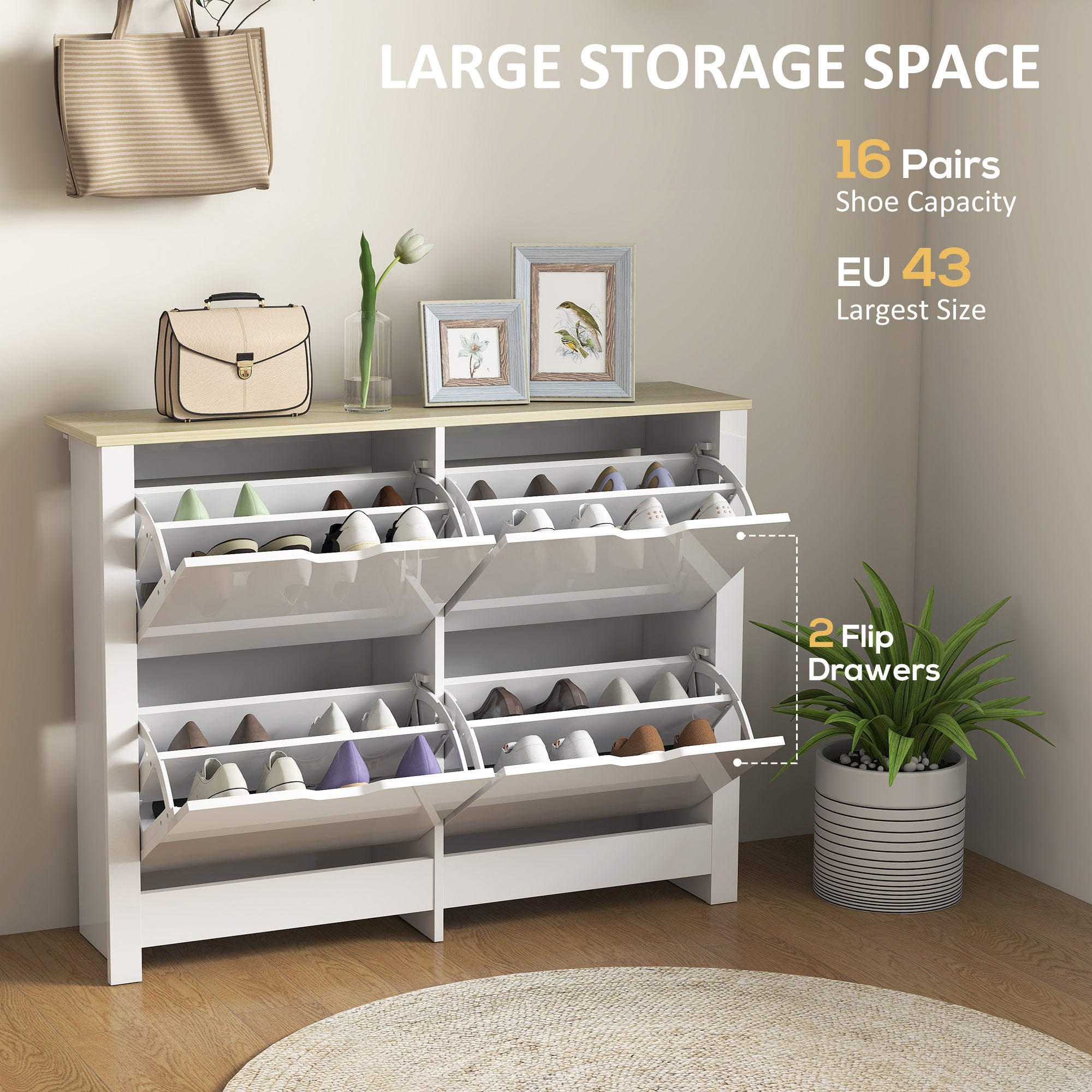 Slim Shoe Cabinet, Narrow Shoe Cupboard with 4 Flip Drawers, Adjustable Shelves for 16 Pairs of Shoes, White