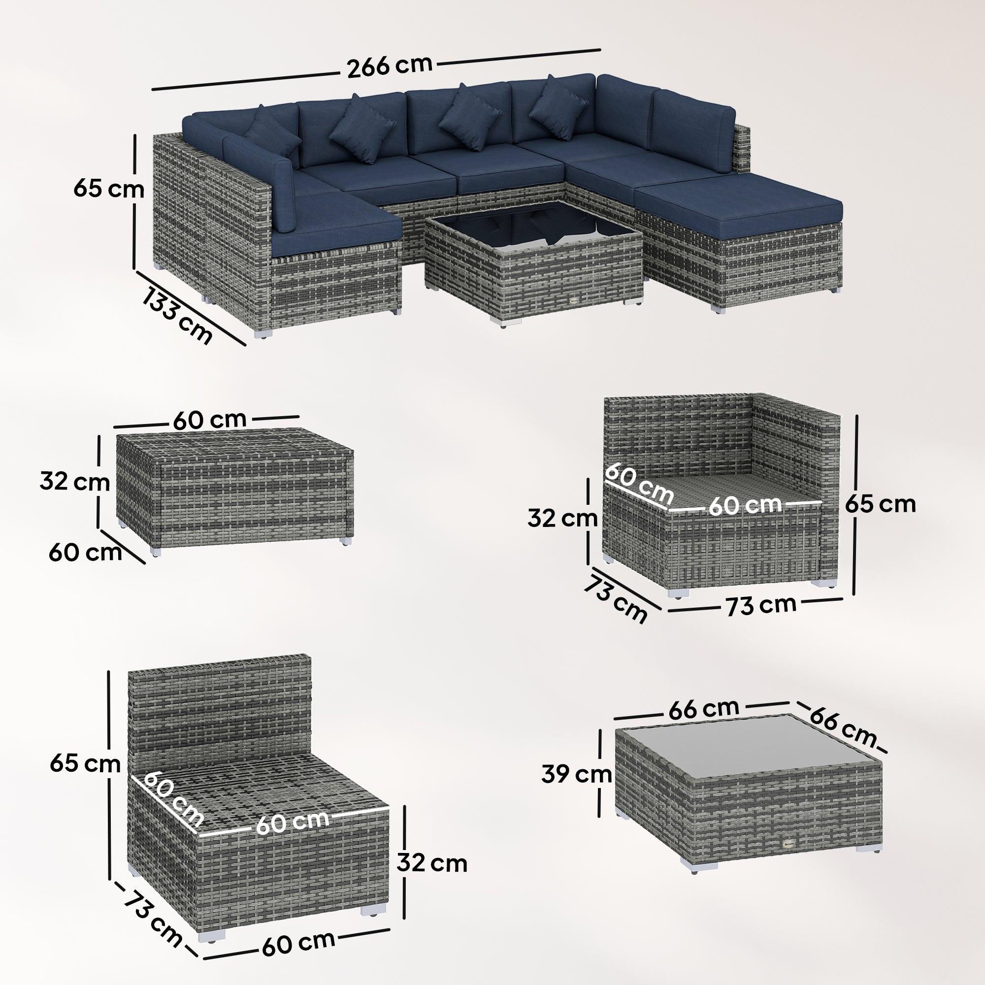 8 Pieces PE Rattan Corner Sofa Set, Outdoor Garden Furniture Set, Patio Wicker Sofa Seater w/ Cushion, Dark Blue