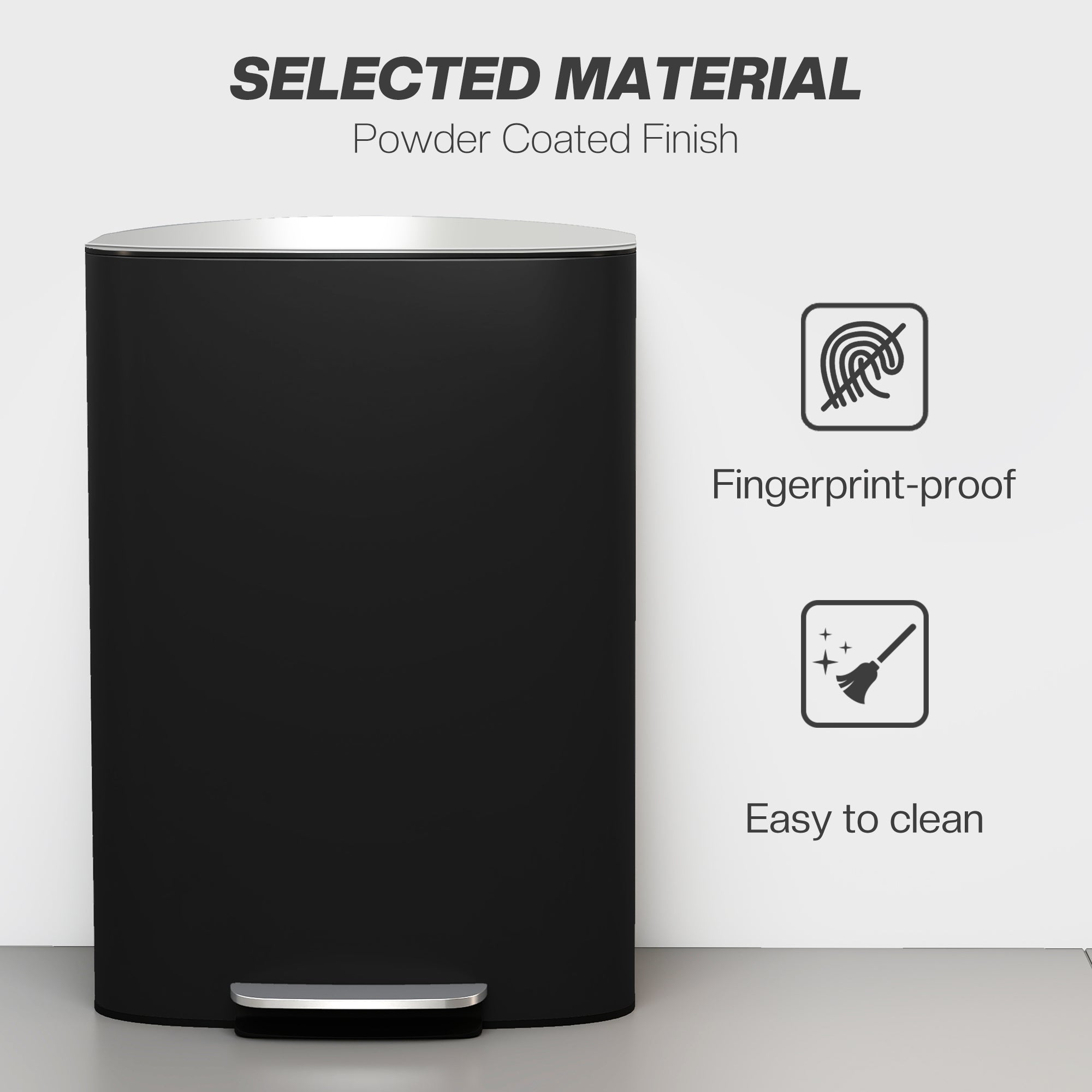 50L Kitchen Bin with Soft-Close Lid and Stay-Open Function, Stainless Steel Pedal Bin with Removable Inner Bucket, Carry Handle for Kitchen, Office, Home, Black