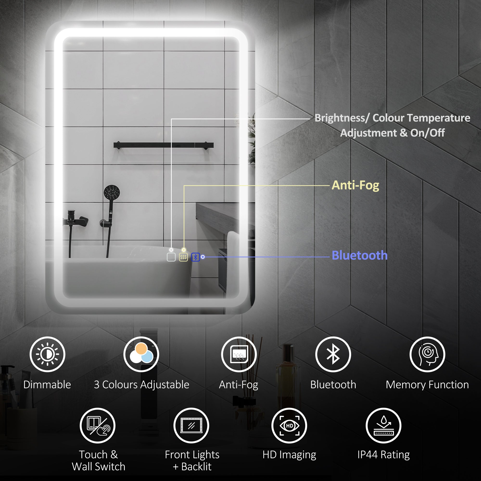 70 x 50 cm Bluetooth Bathroom Mirror - Silver-Tone