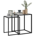 Nesting Tables Set of 2 with Tempered Glass Top and Steel Frame - Black