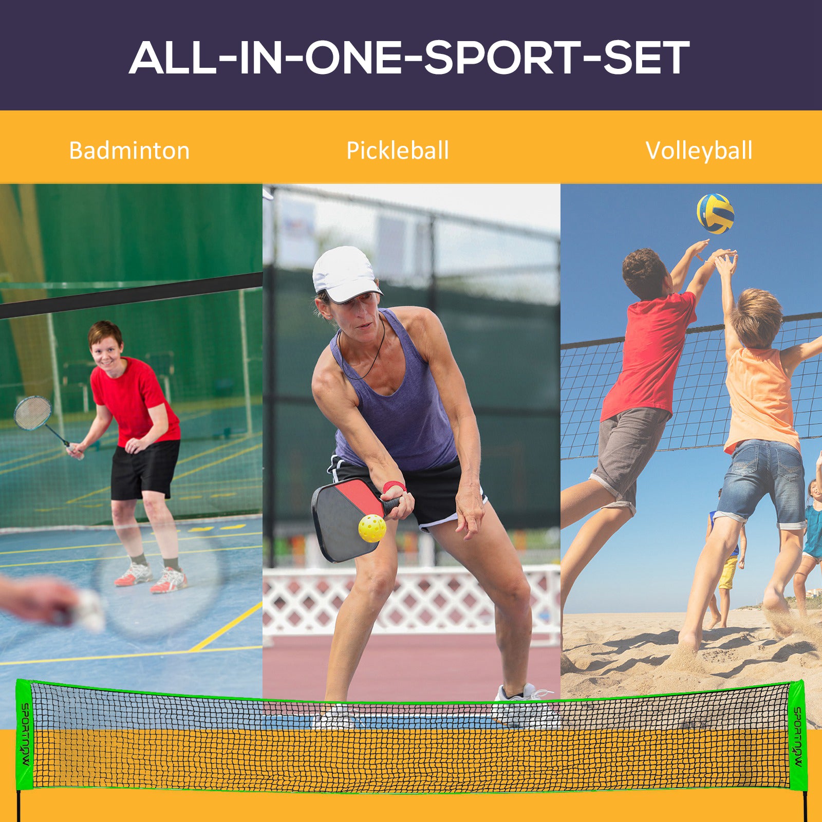 Badminton Net Set, Height Adjustable Net for Pickleball, Volleyball, Badminton, with 3 Shuttlecocks, 4 Rackets