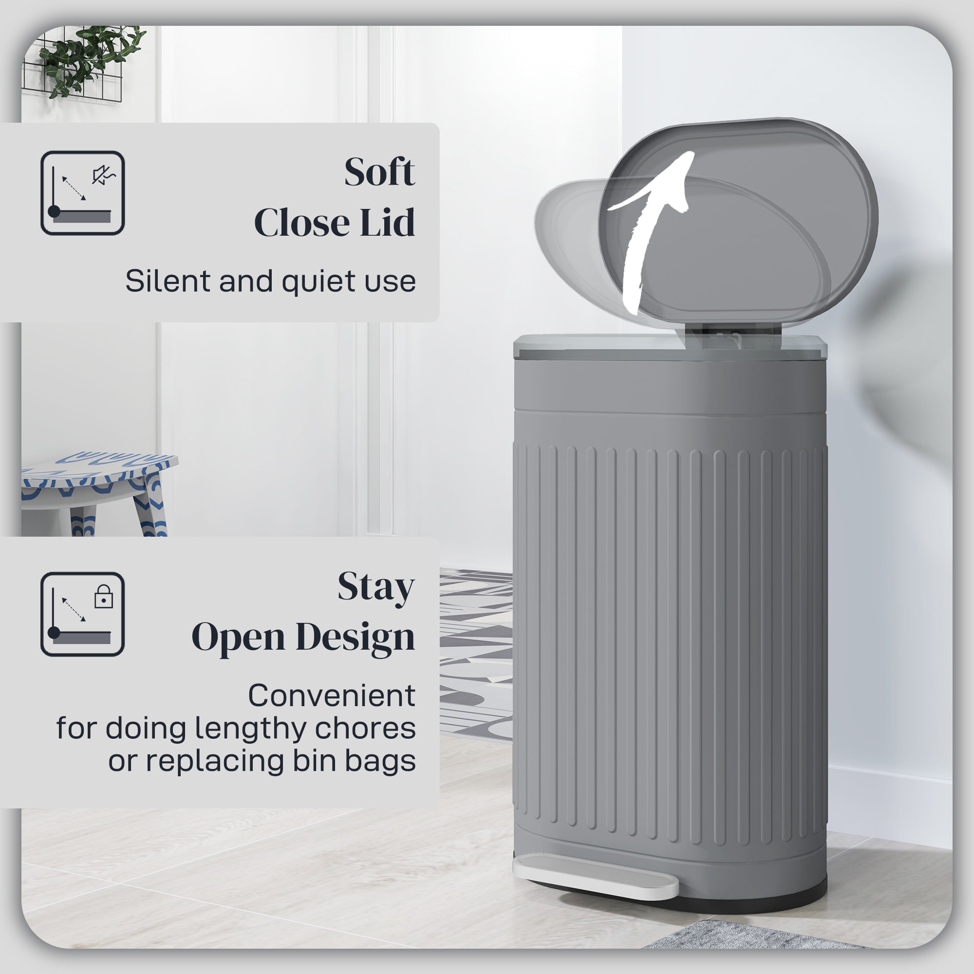 30 Litre Metal Pedal Bin with Soft-Close Lid and Removable Inner Bucket - Grey