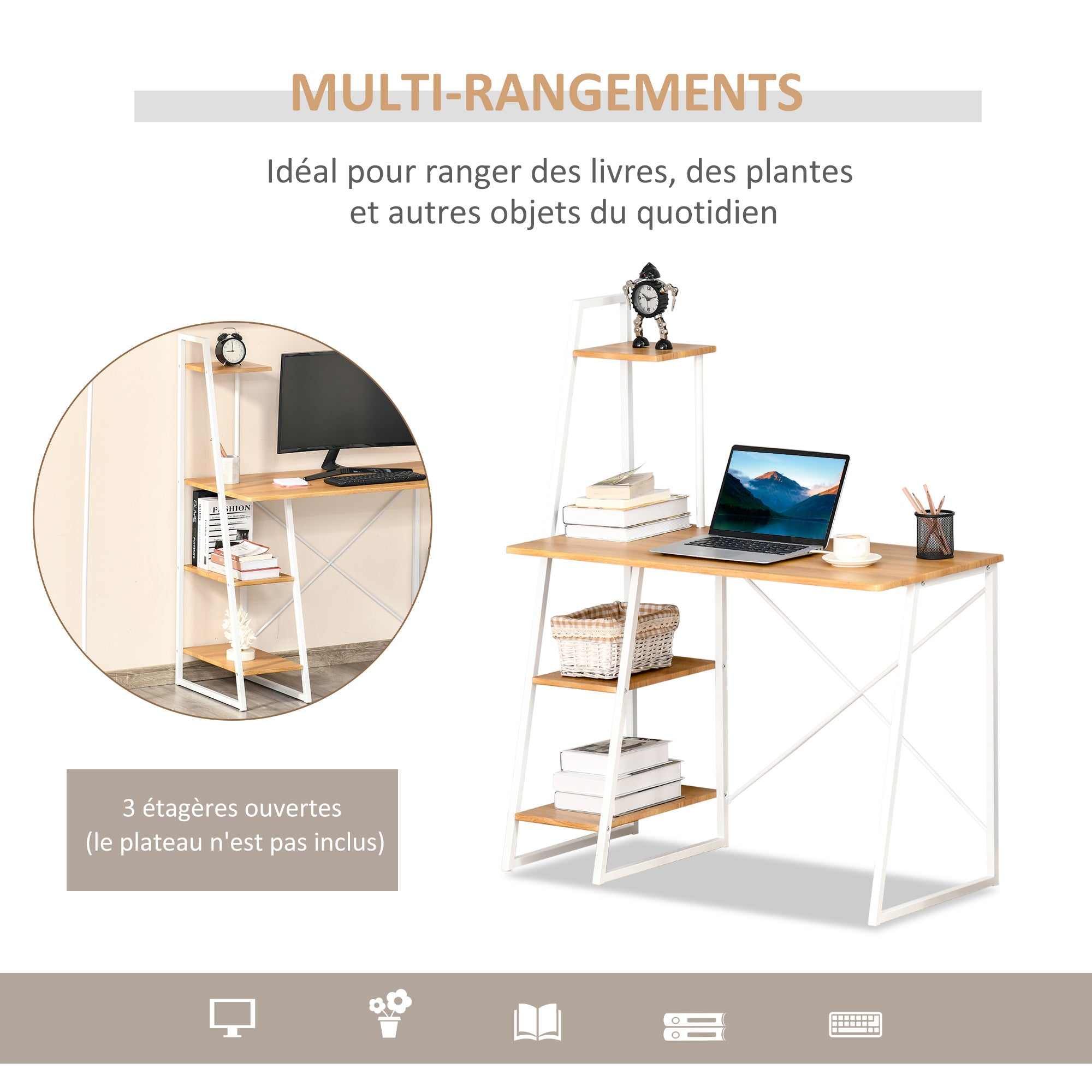 Home Office Computer Desk with 3-Tier Storage Shelves Study Writing Table Workstation for Small Space Natural