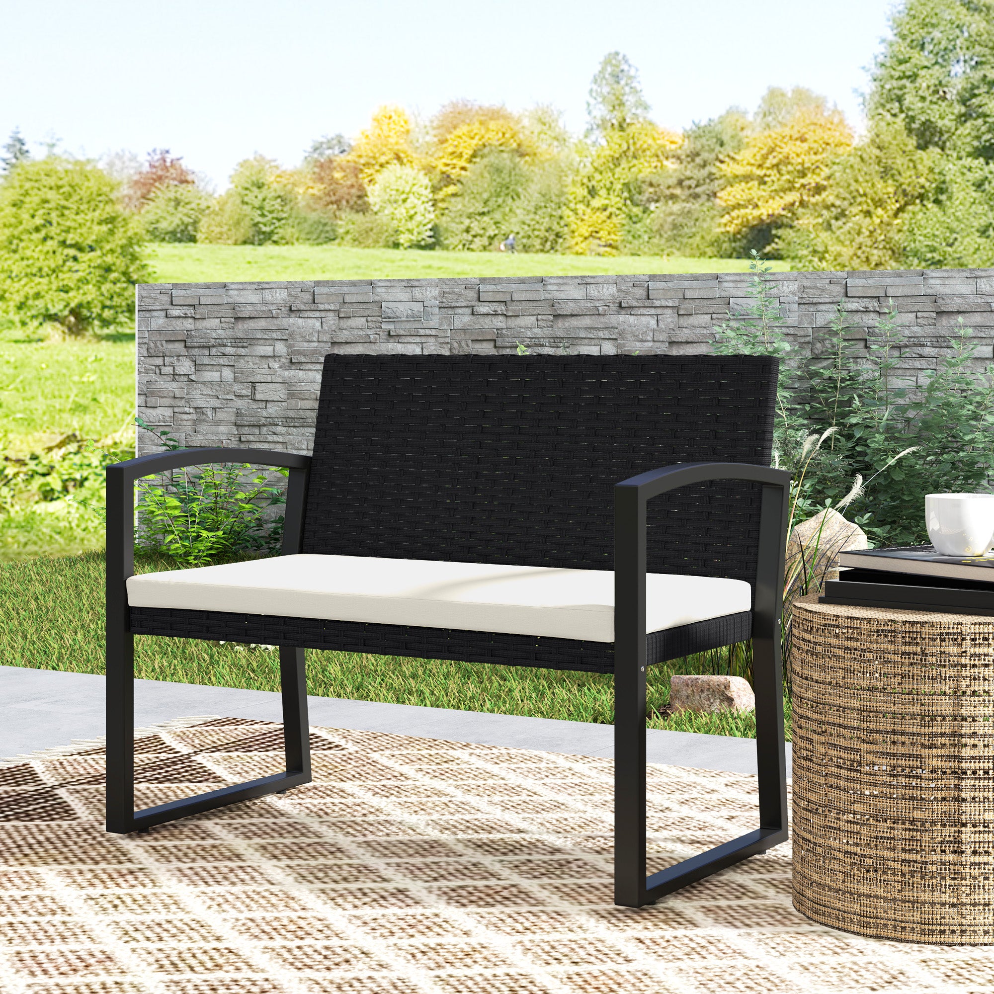 Two-Seater Rattan Garden Bench with Cushion - Beige/Black