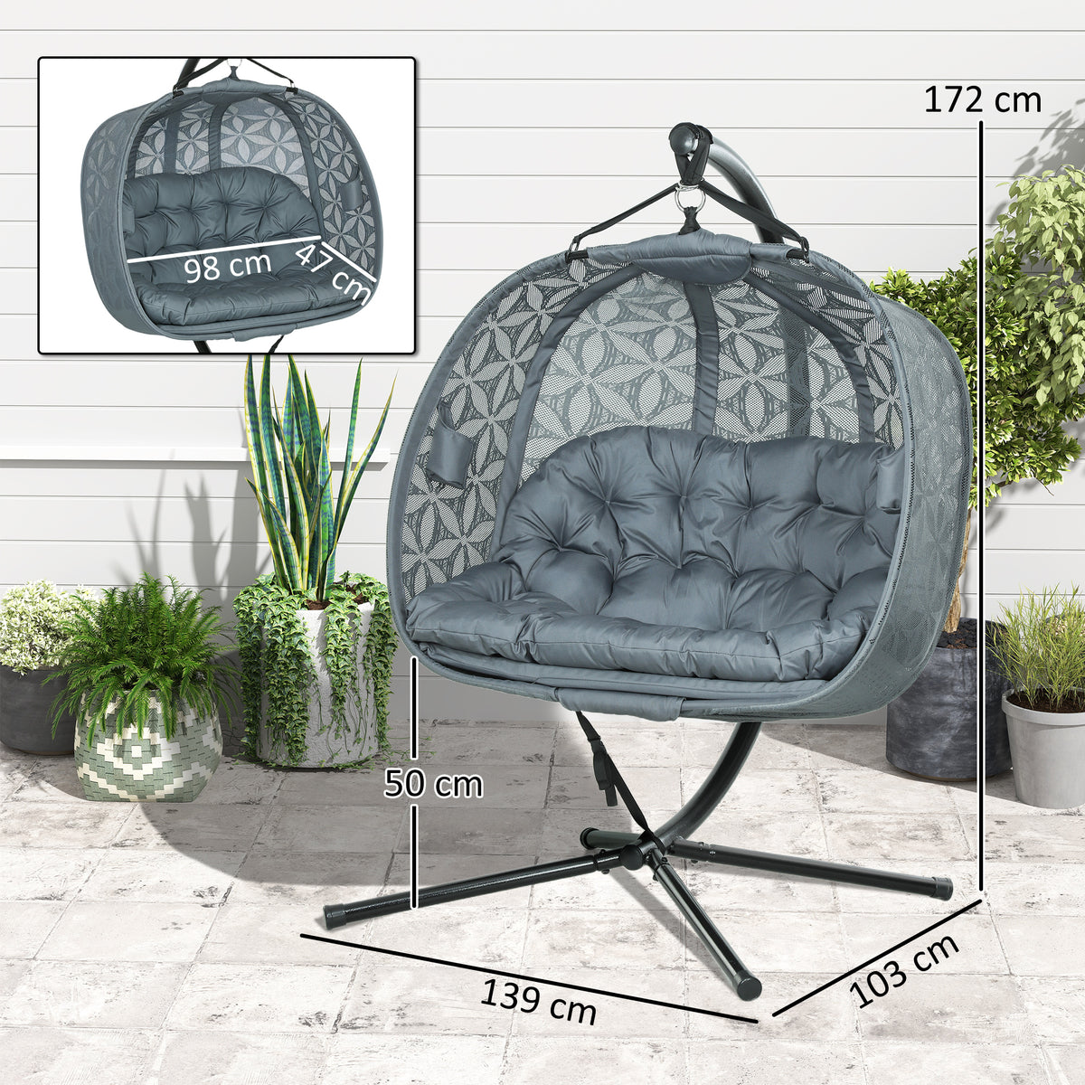 Outdoor Double Hanging Chair with Cushion and Cup Holders - Charcoal Grey