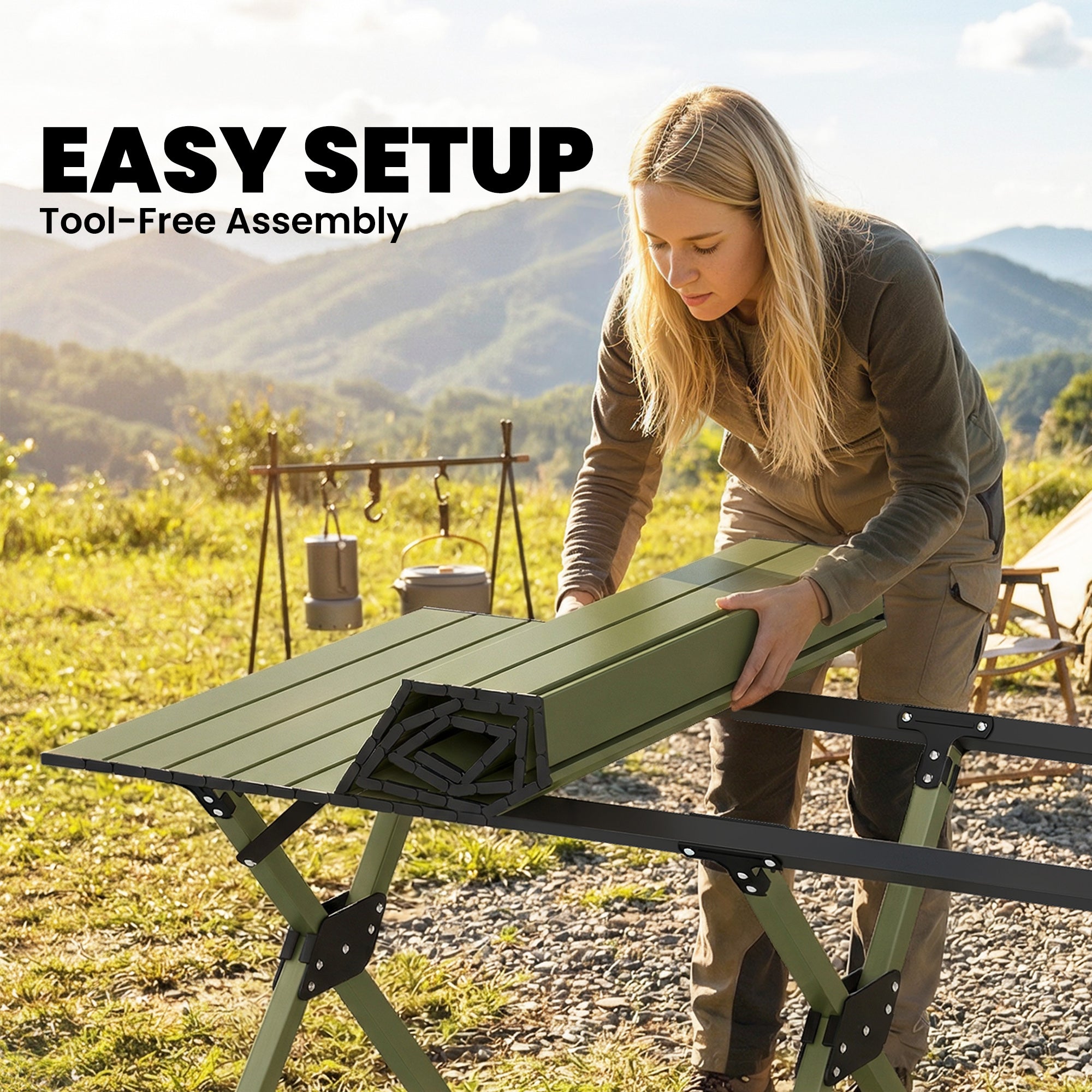 4ft Folding Camping Table, Waterproof Picnic Table with Roll Up Top and Metal Frame, Green