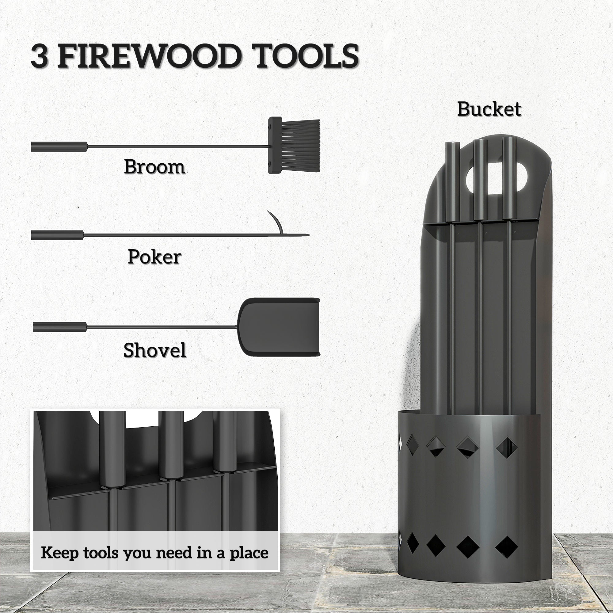4 Pieces Fireplace Companion Set, Metal Fireplace Accessories Fireside Companion Set with Broom, Shovel, Poker, Bucket, Black