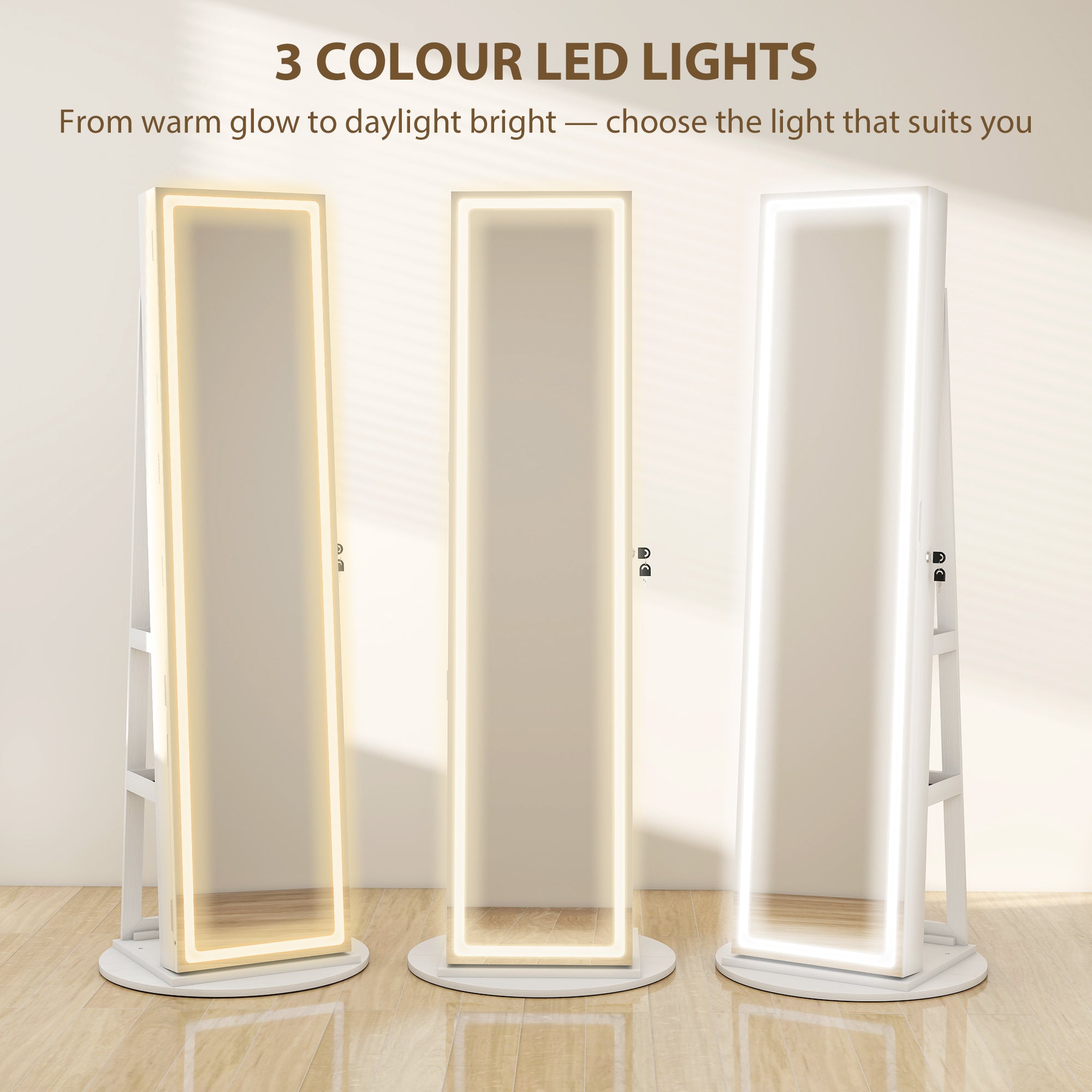Storage Jewellery Cabinet, with Mirror and Lights - White