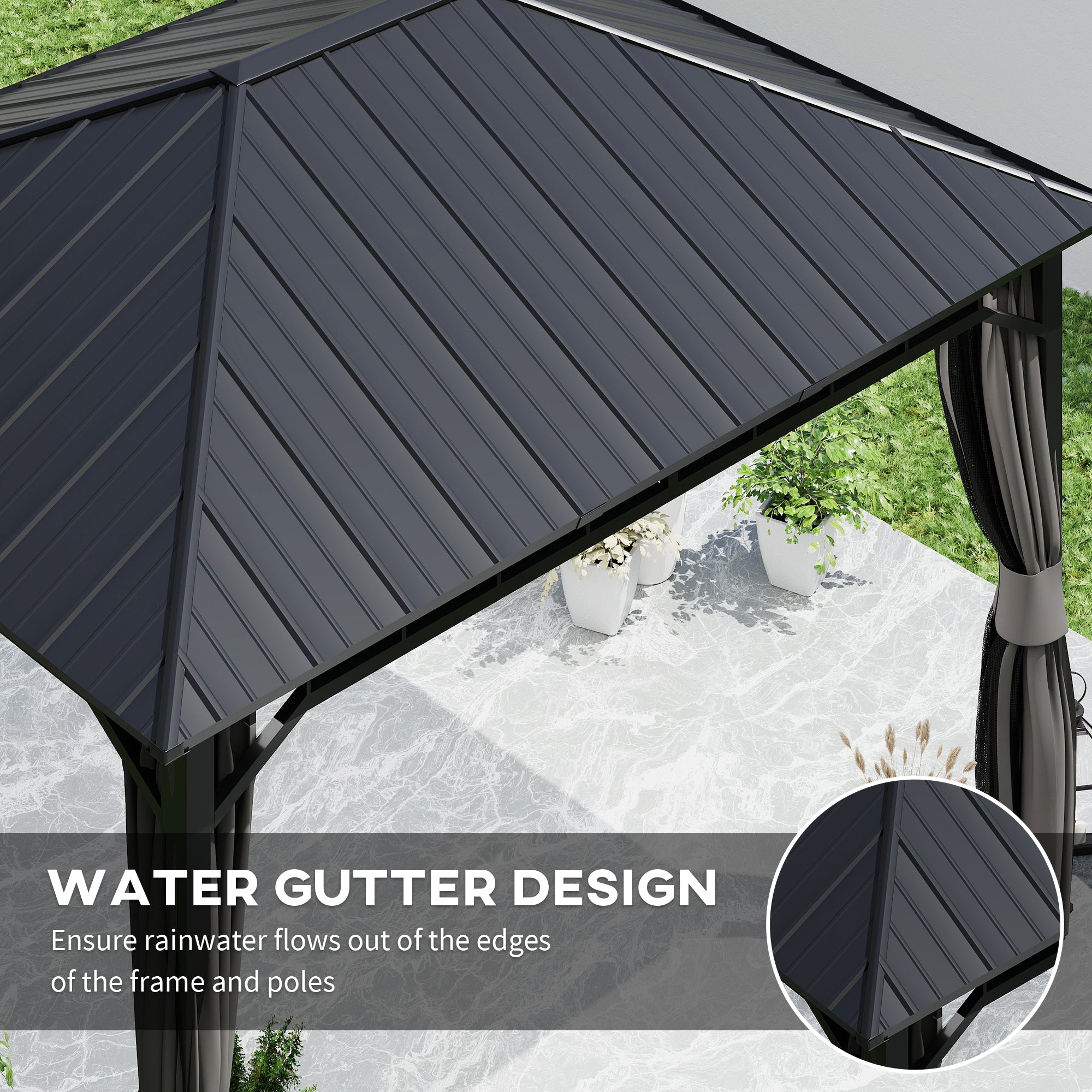 3 x 4m Hardtop Garden Gazebo with Galvanised Steel Roof, Water Gutter, Netting & Curtains - Dark Grey