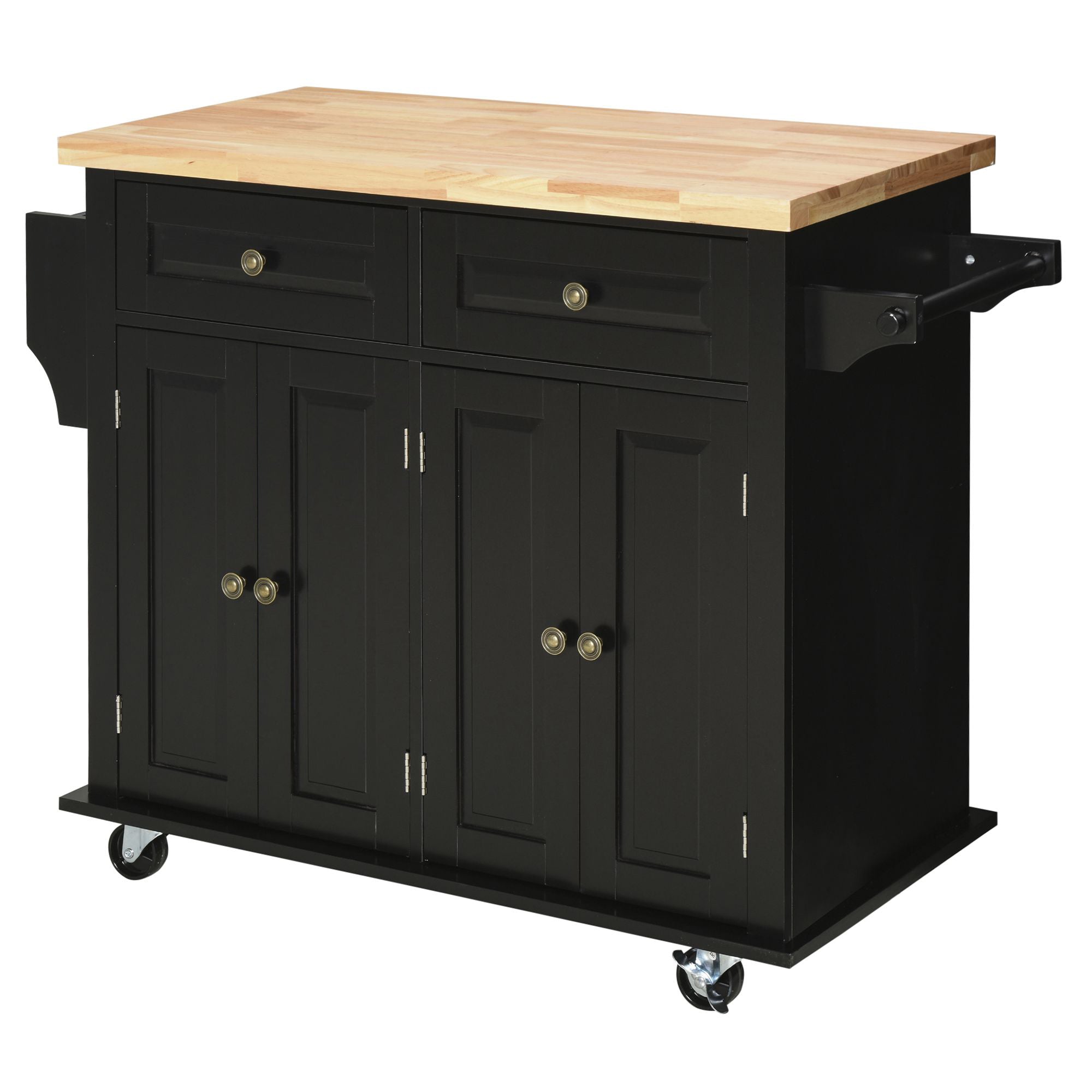 Rolling Kitchen Island Storage Trolley with Rubber Wood Top & Drawers for Dining Room, Black