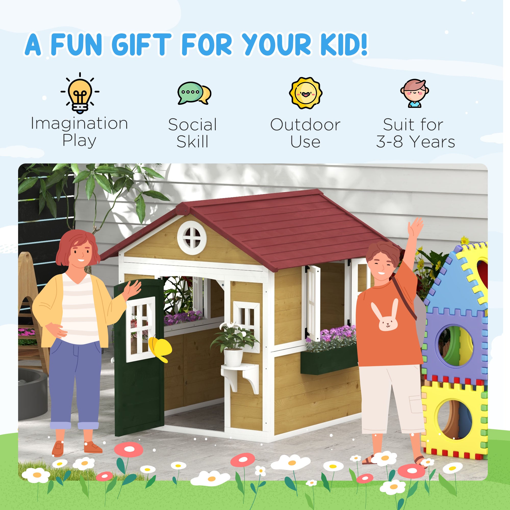 Wooden Playhouse with Doors, Windows, Plant Pots for Kids 3-8 Years - Beige