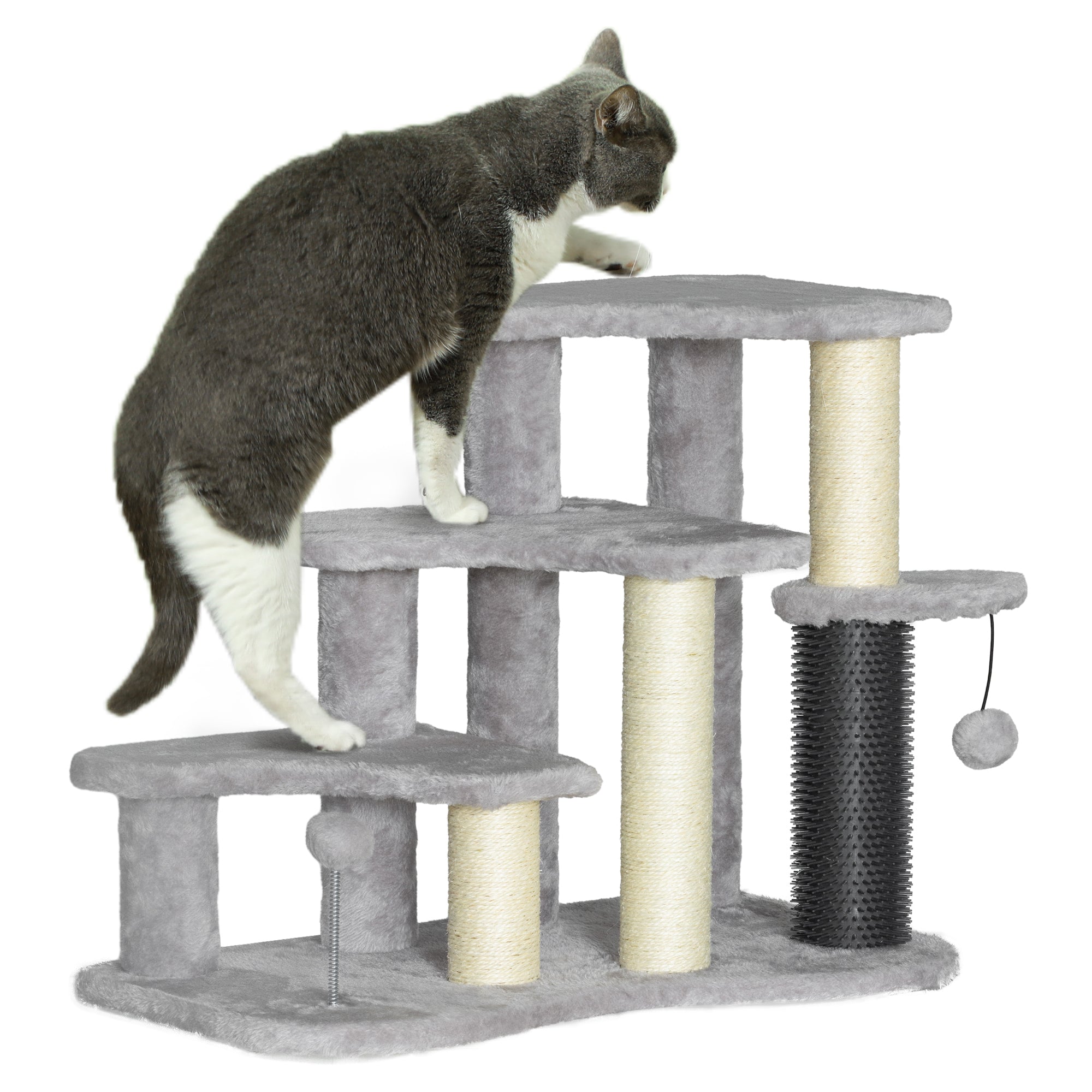 2-in-1 Cat Tree, Pet Stairs w/ Scratching Post, Toy Balls, for Bed, Sofa, Couch, Light Grey