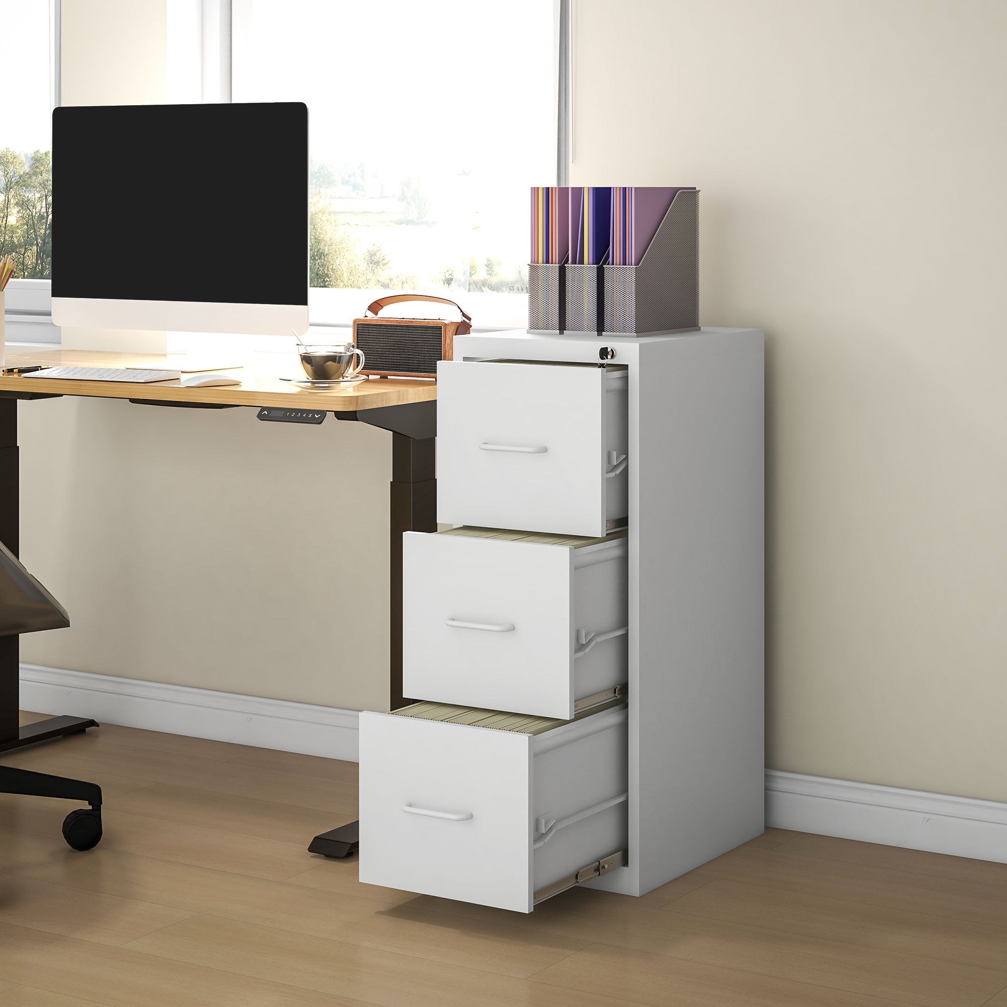 Three-Drawer Modern Steel Filing Cabinet - White