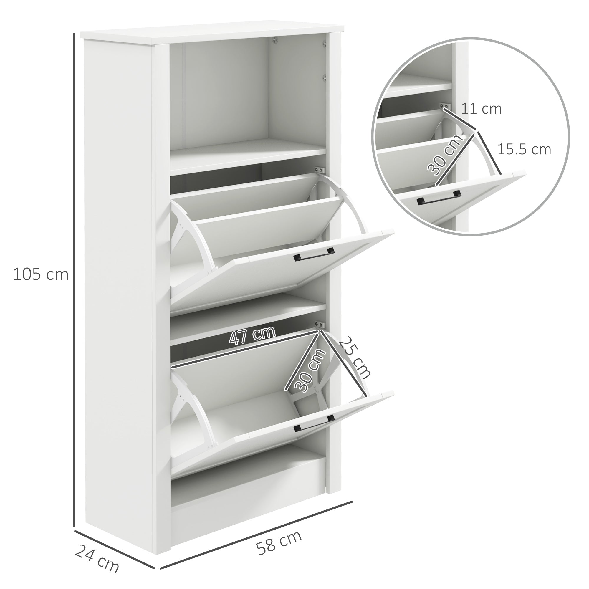 Modern Shoe Cabinet with 2 Flip Drawers and Adjustable Shelves, Narrow Shoe Storage Cabinet with Open Compartment, Holds 10 Pairs for Entryway, Hallway, White