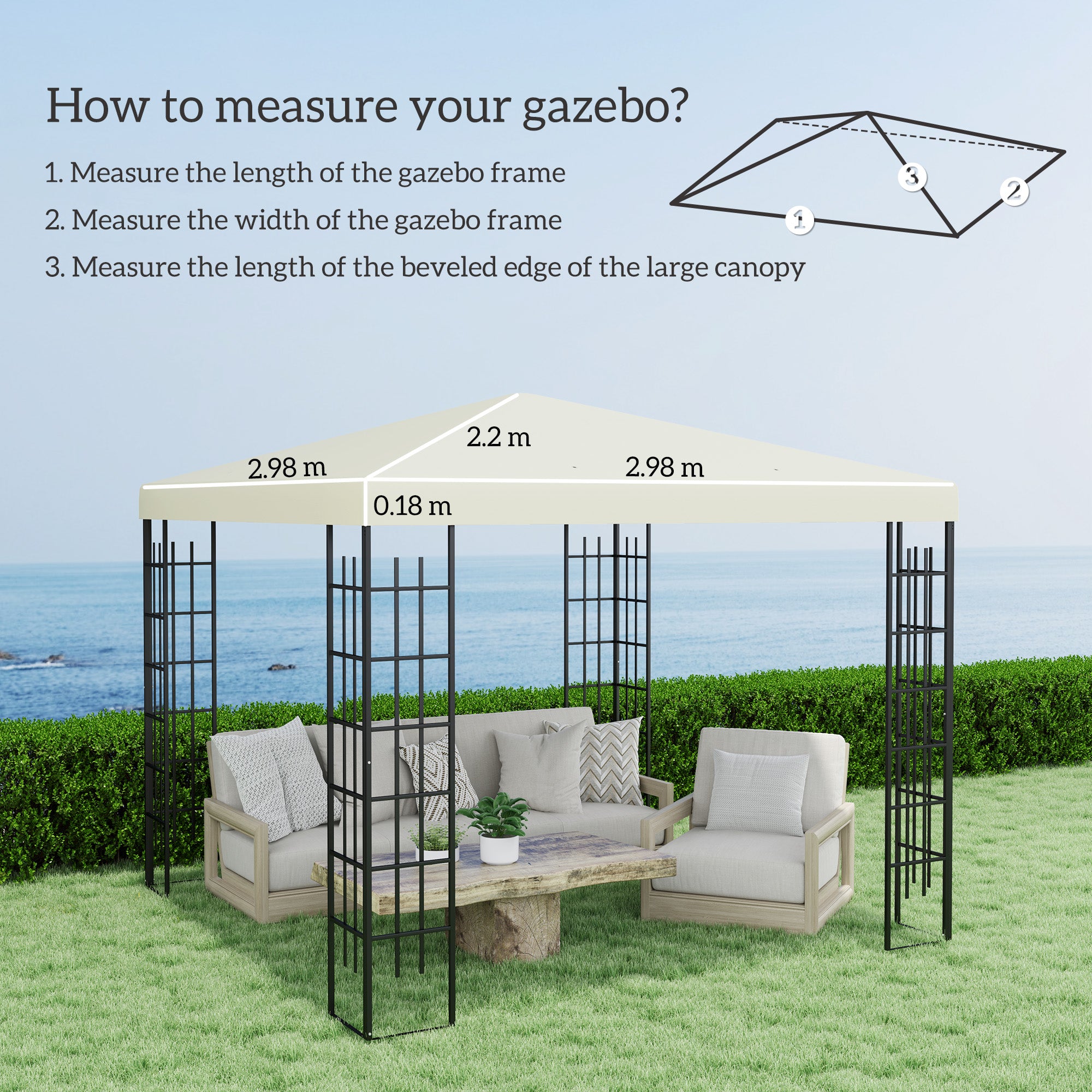 3 Piece 3x3m Gazebo Replacement Canopy - Cream Polyester